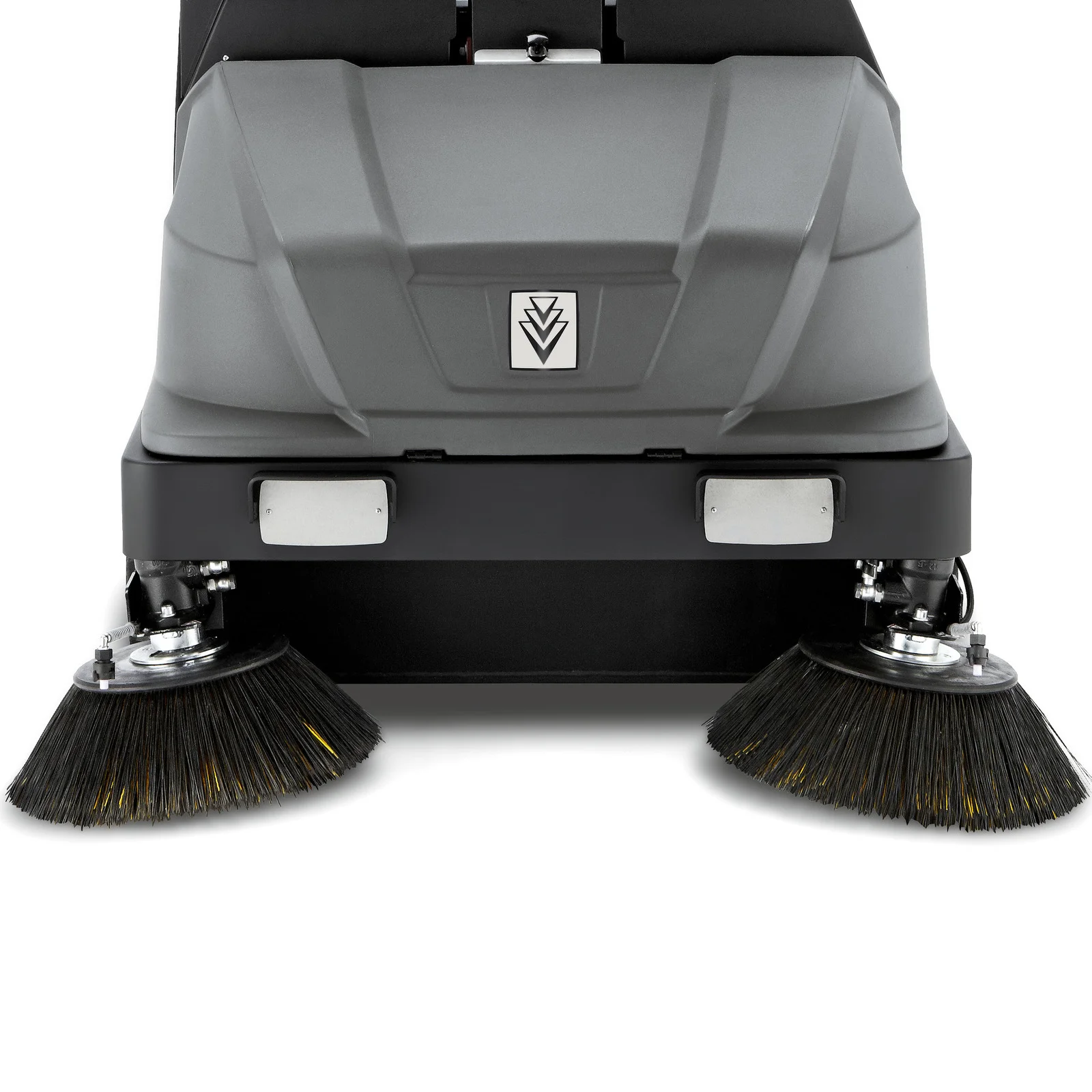 Kärcher Kehrmaschine mit zwei rotierenden Bürsten vorne, graues Gehäuse mit Logo.