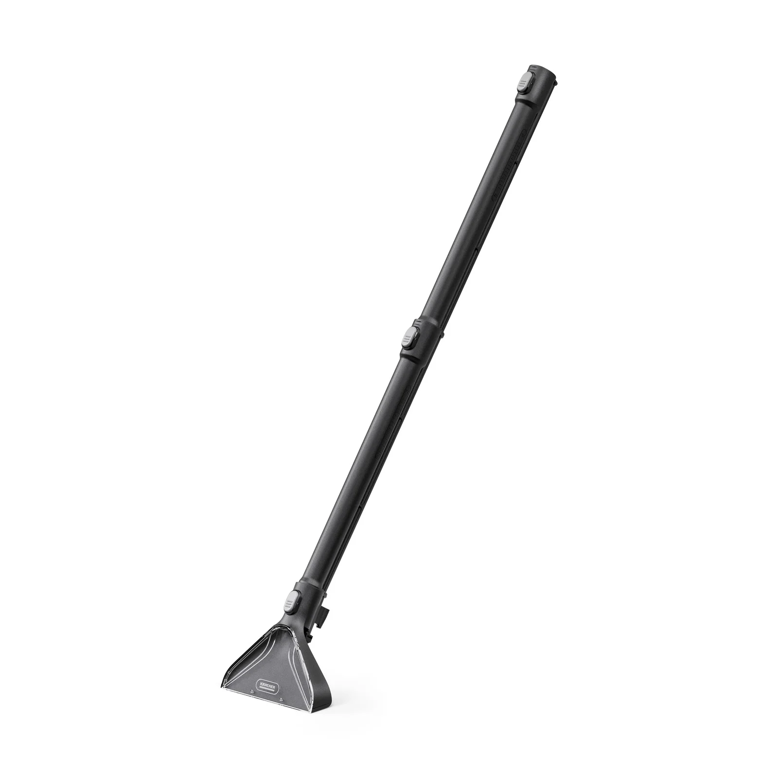 Schwarze Teppichdüse mit langem Griff, geeignet für die Reinigung von Teppichböden.