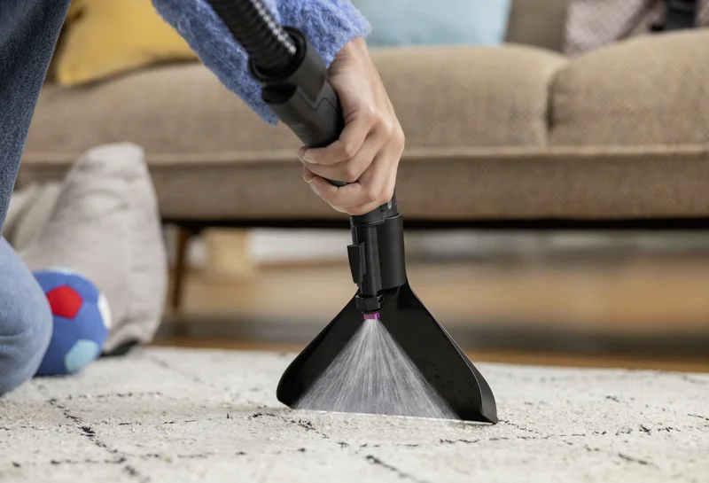 Hand reinigt Teppich mit Kärcher Teppichreiniger, im Hintergrund ein Sofa und ein Ball auf dem Boden.