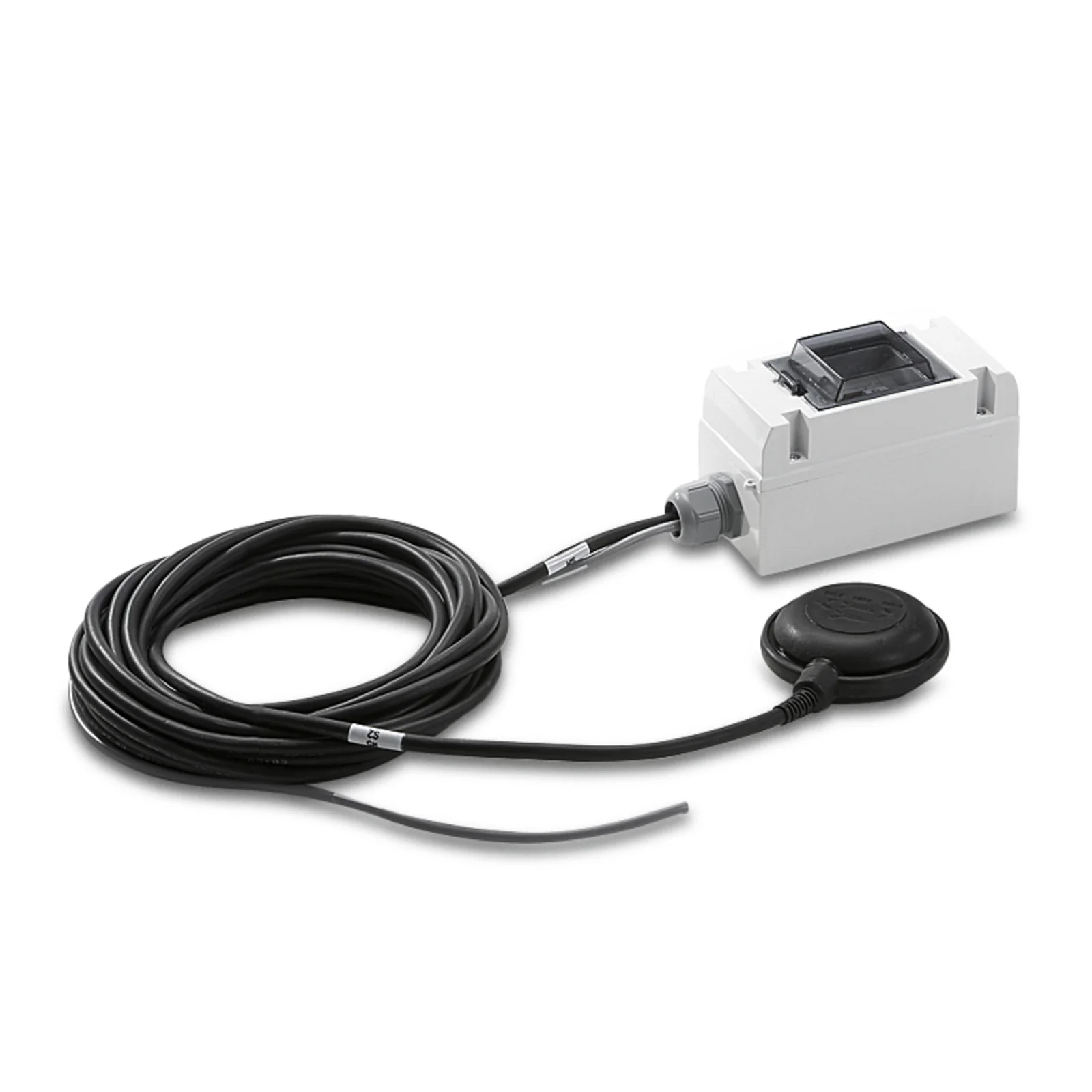 Kärcher Niveauüberwachung mit schwarzem Kabel und rundem Sensor, weißes Gehäuse mit transparentem Deckel.