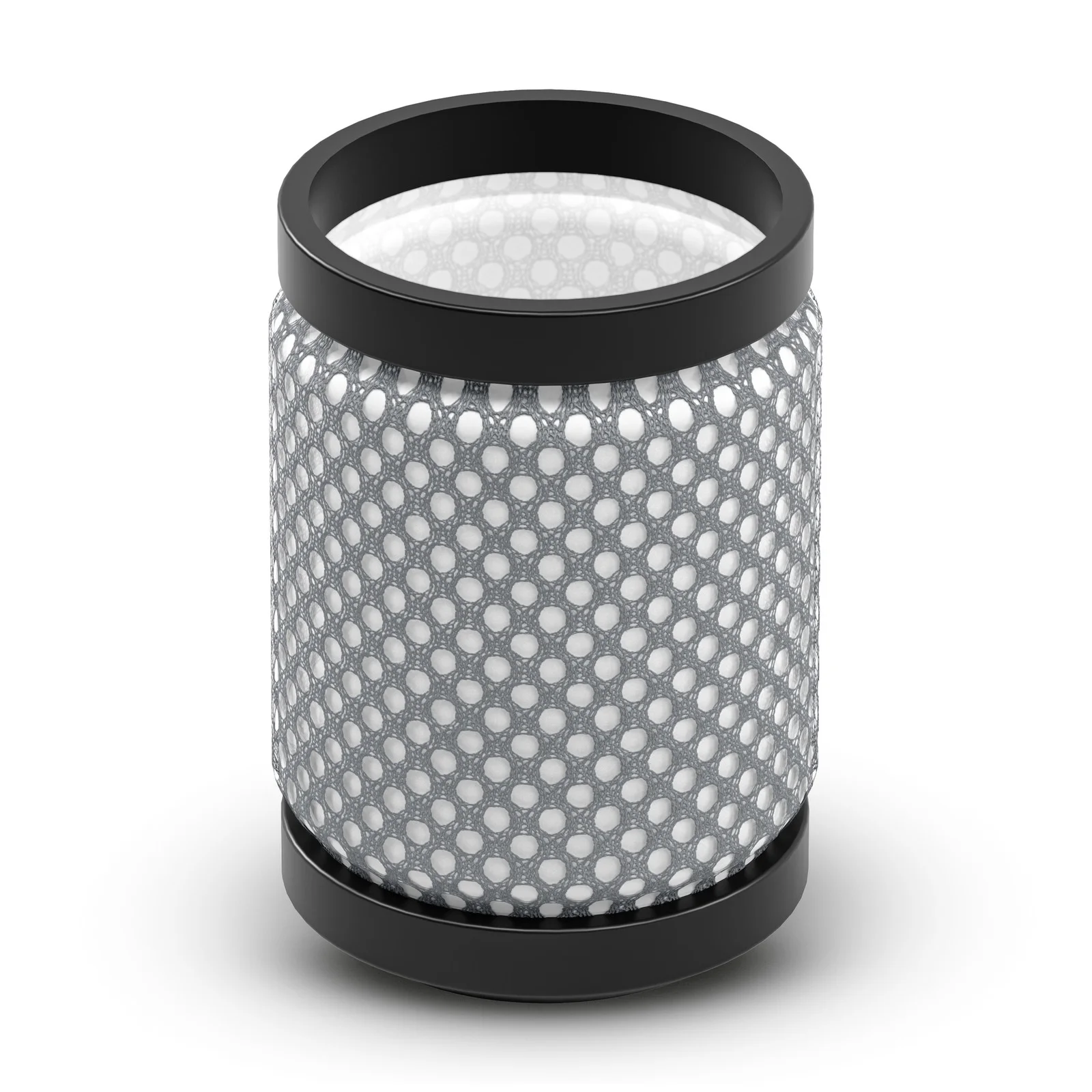 Zylindrischer Filter mit schwarzem Rahmen und grauem, perforiertem Gewebe.