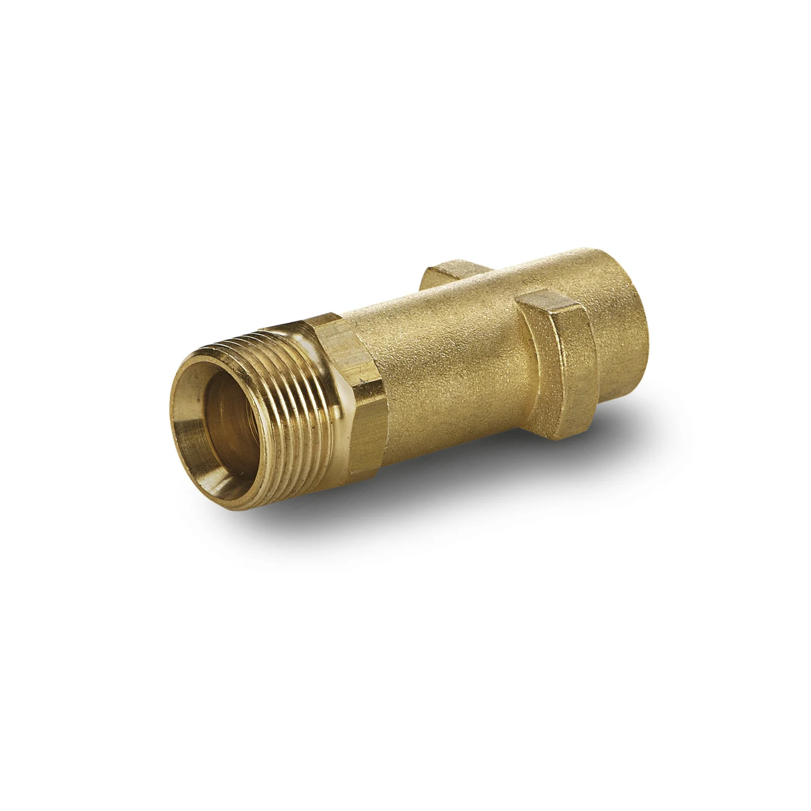 Messingadapter mit Außengewinde, zylindrische Form, auf weißem Hintergrund.