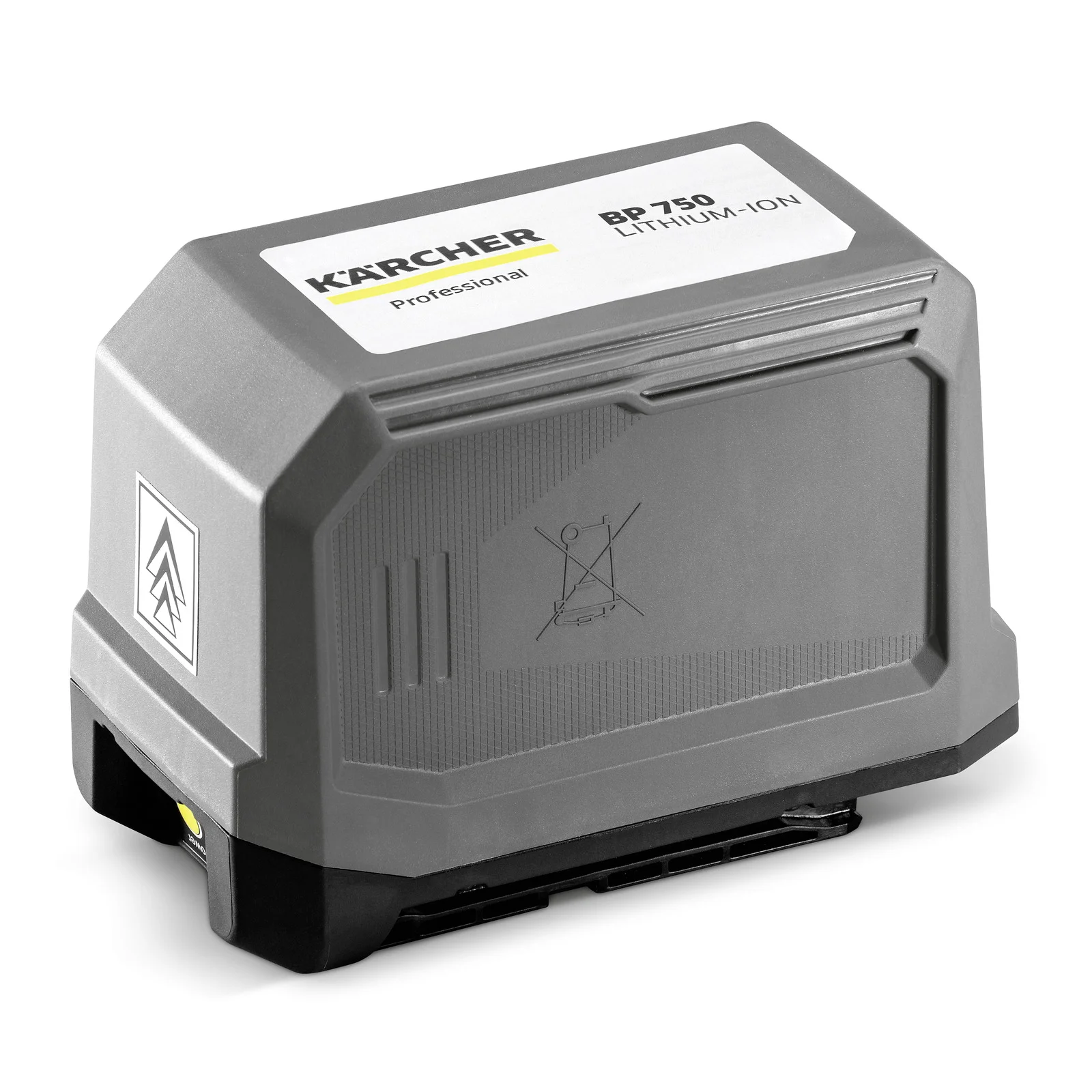 Grauer Kärcher Lithium-Ionen-Akku BP 750 mit professionellem Label, seitlich abgebildet.