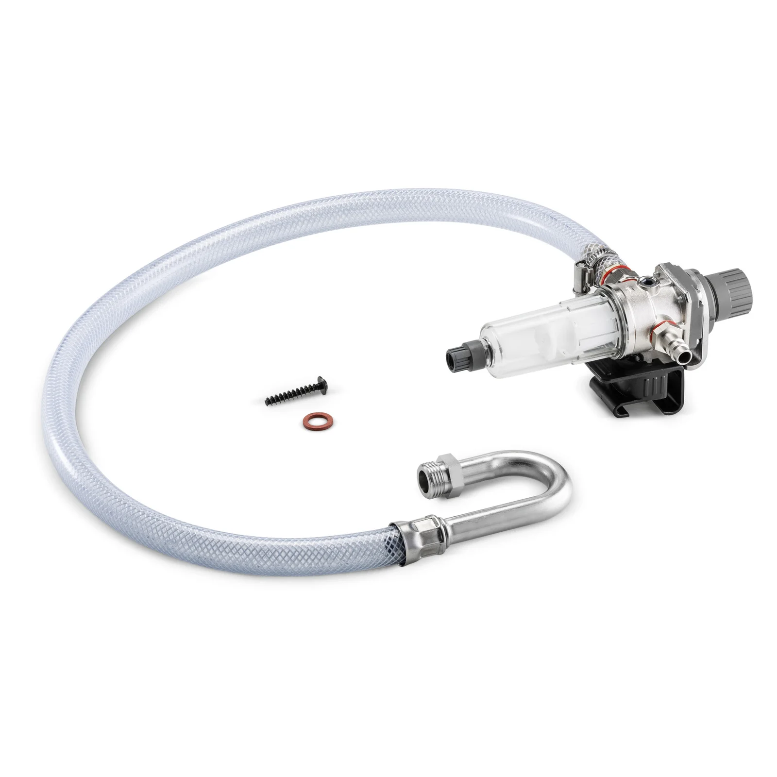 Kärcher Wasserfilter mit transparentem Gehäuse, flexiblem Schlauch, Metallbogen, Schraube und Dichtung auf weißem Hintergrund.