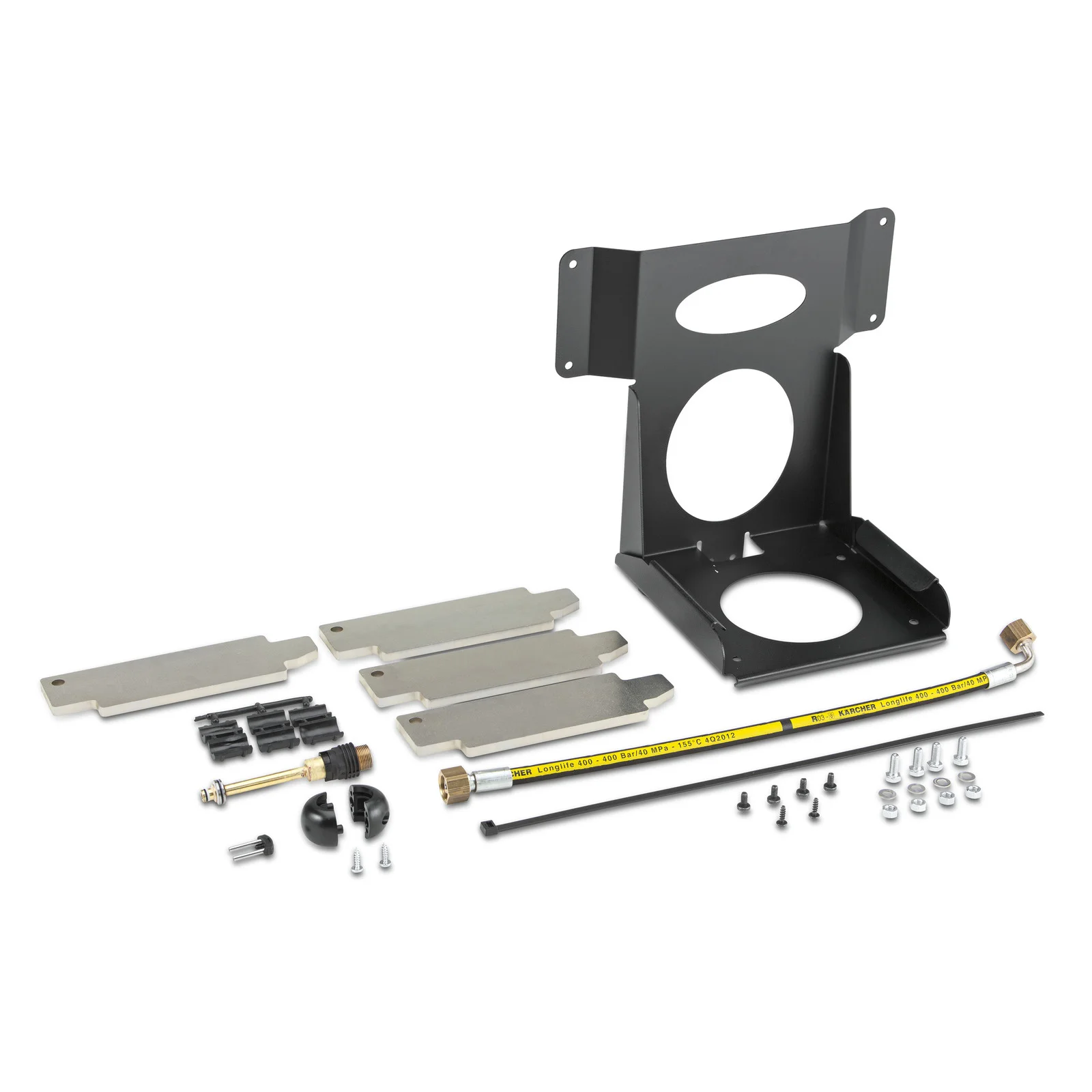 Montageset mit schwarzer Halterung, Metallplatten, Schrauben, Schlauch und weiteren Zubehörteilen auf weißem Hintergrund.