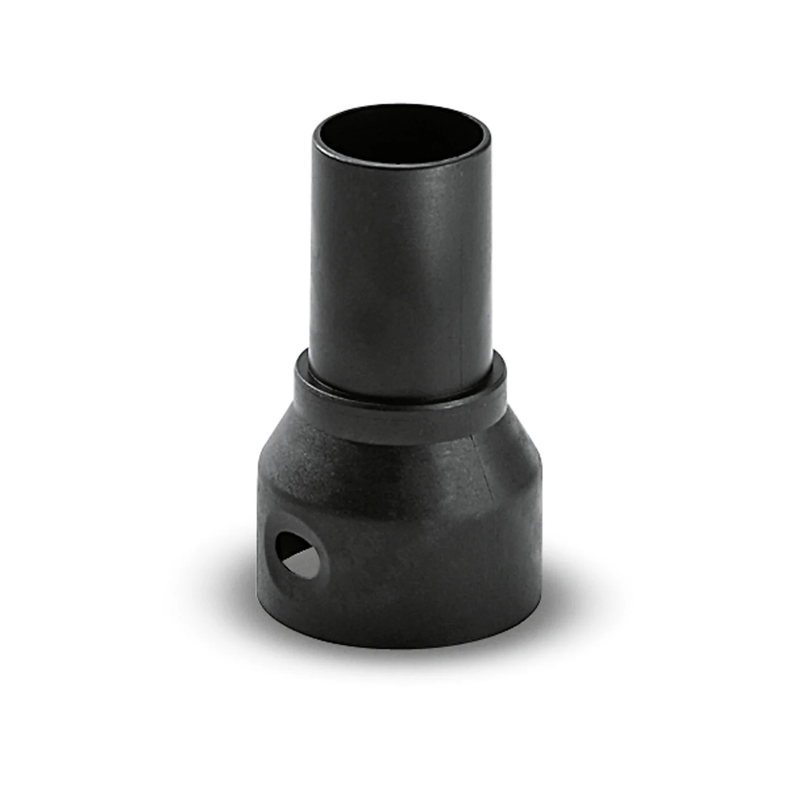 Schwarzer Kunststoffadapter mit zylindrischer Form und einer Öffnung an der Seite.