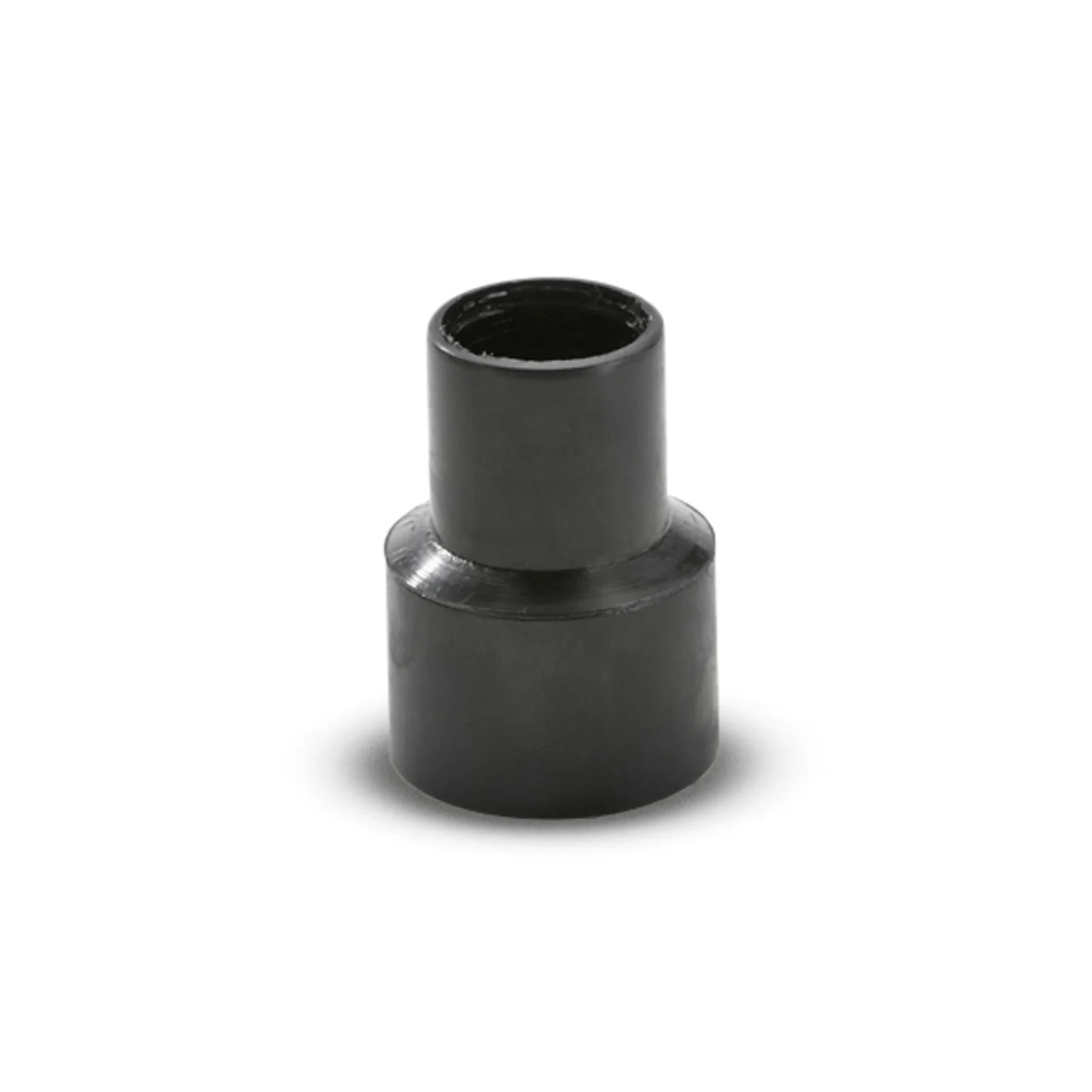 Schwarzer Kunststoffadapter mit zylindrischer Form, auf weißem Hintergrund.