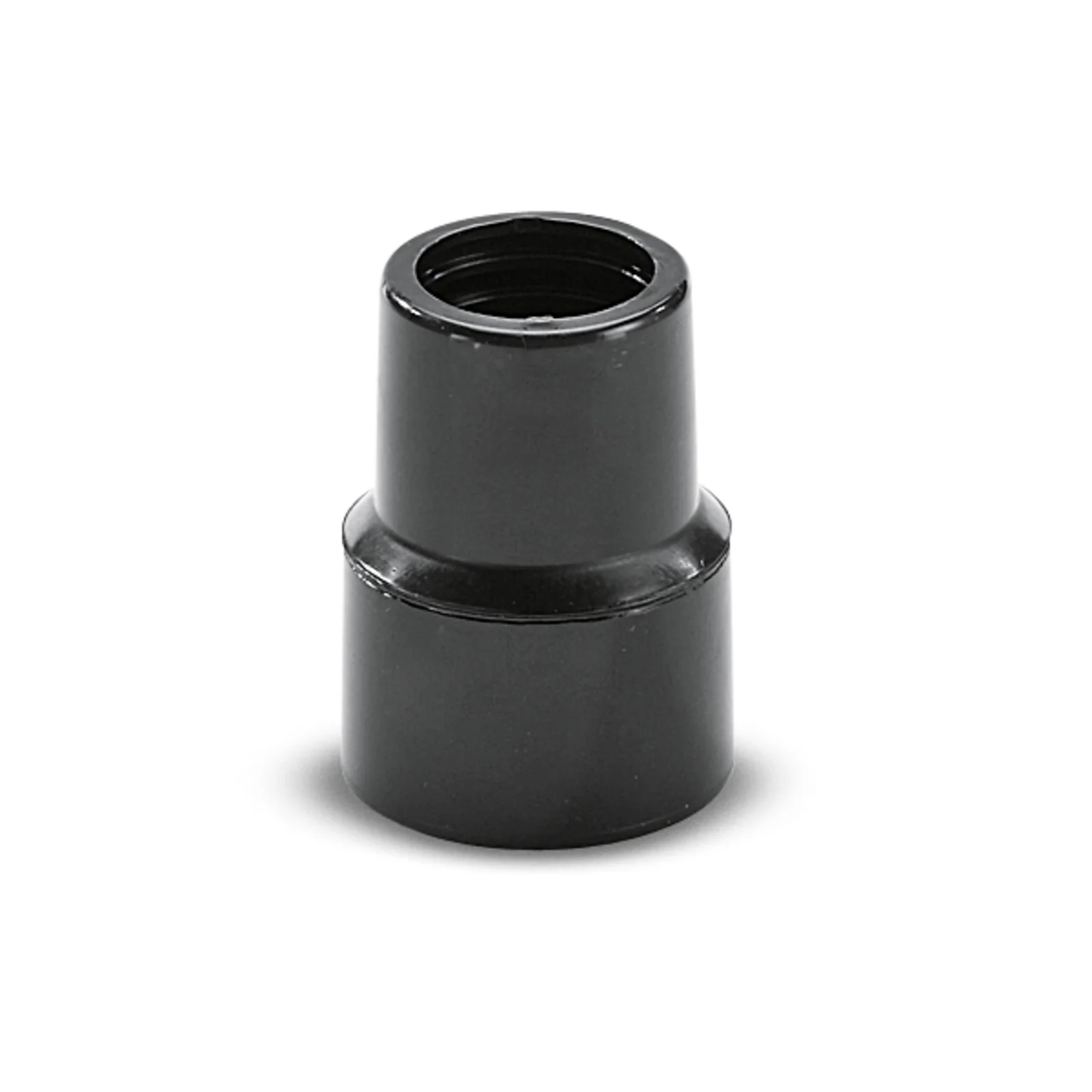 Schwarzer Kunststoffadapter mit zylindrischer Form, auf weißem Hintergrund.