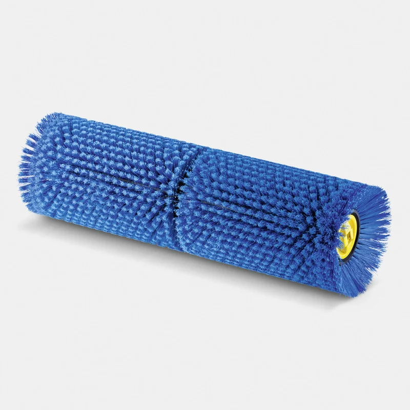 Blaue Walzenbürste mit gelbem Innenring, Borsten gleichmäßig verteilt, auf weißem Hintergrund.