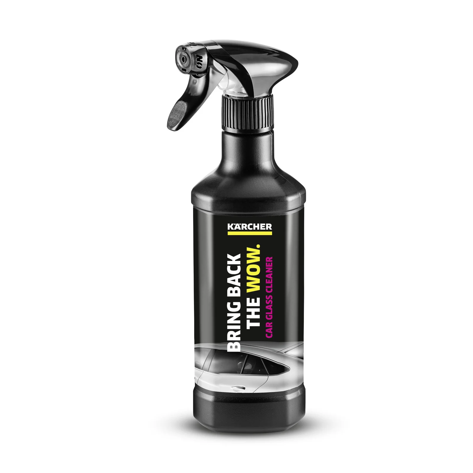 Kärcher Autoglasreiniger in schwarzer Sprühflasche mit gelbem und pinkem Text "Bring Back the Wow".