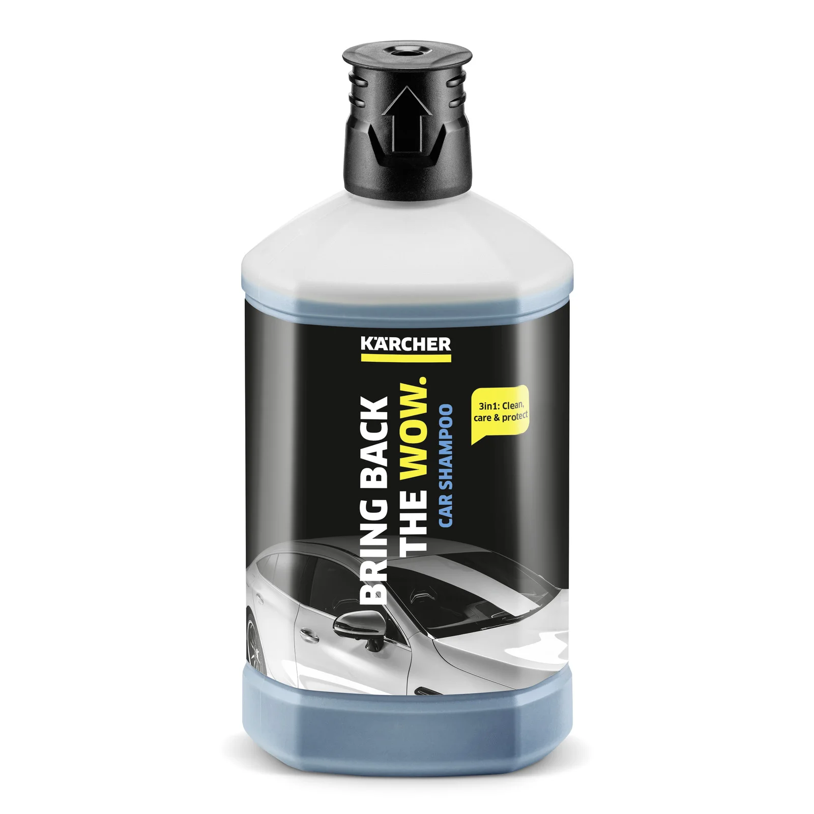 Kärcher Autoshampoo-Flasche mit schwarzem Etikett, Aufschrift "Bring Back the Wow", Bild eines Autos darunter.