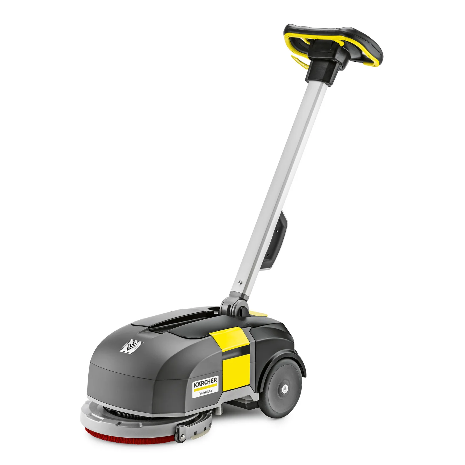Kärcher Bodenreinigungsmaschine mit grauem Gehäuse, gelben Akzenten und roter Bürste, seitlich mit Griff.