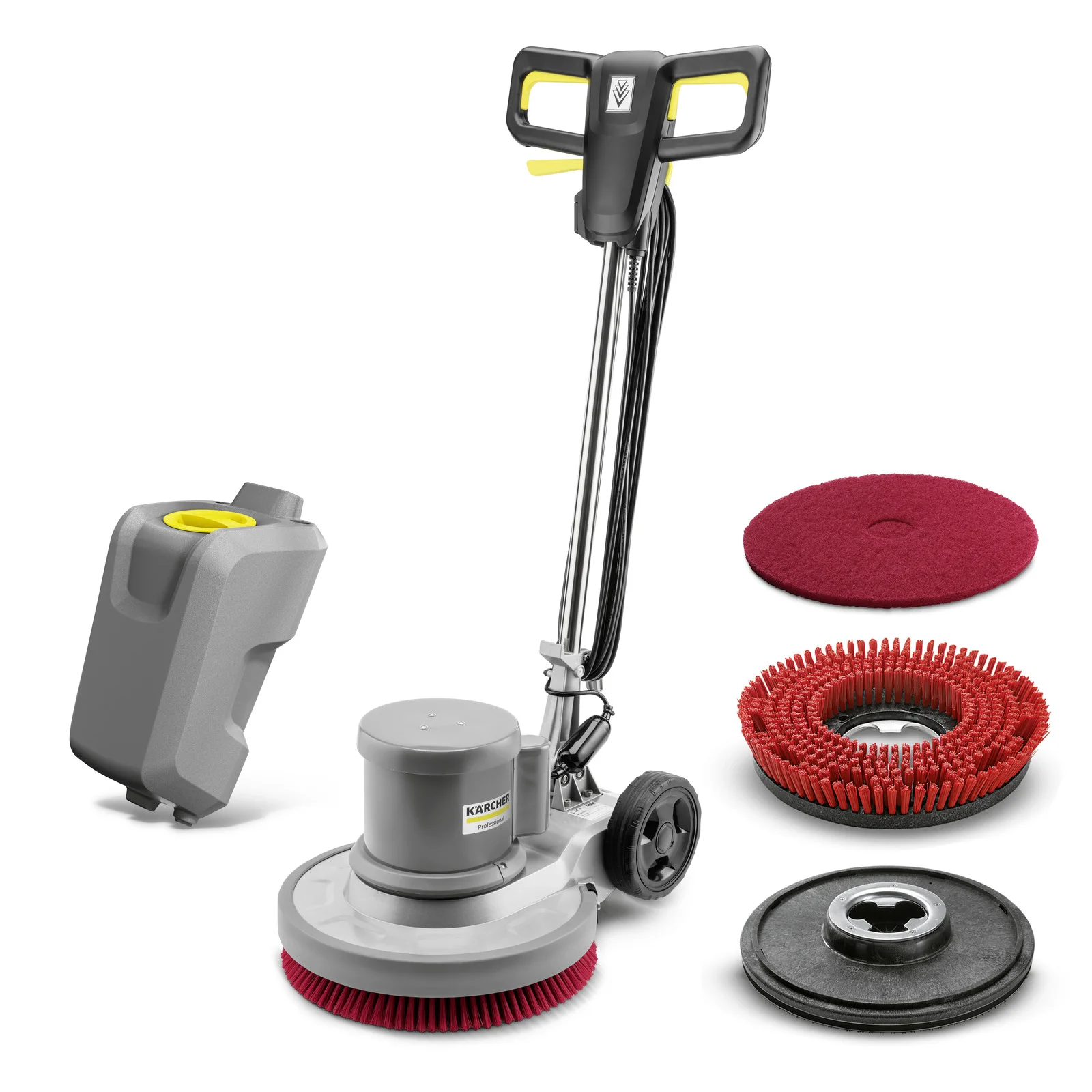 Kärcher Einscheibenmaschine mit langem Griff, Wassertank, roten und schwarzen Bürsten und Pads vor weißem Hintergrund.