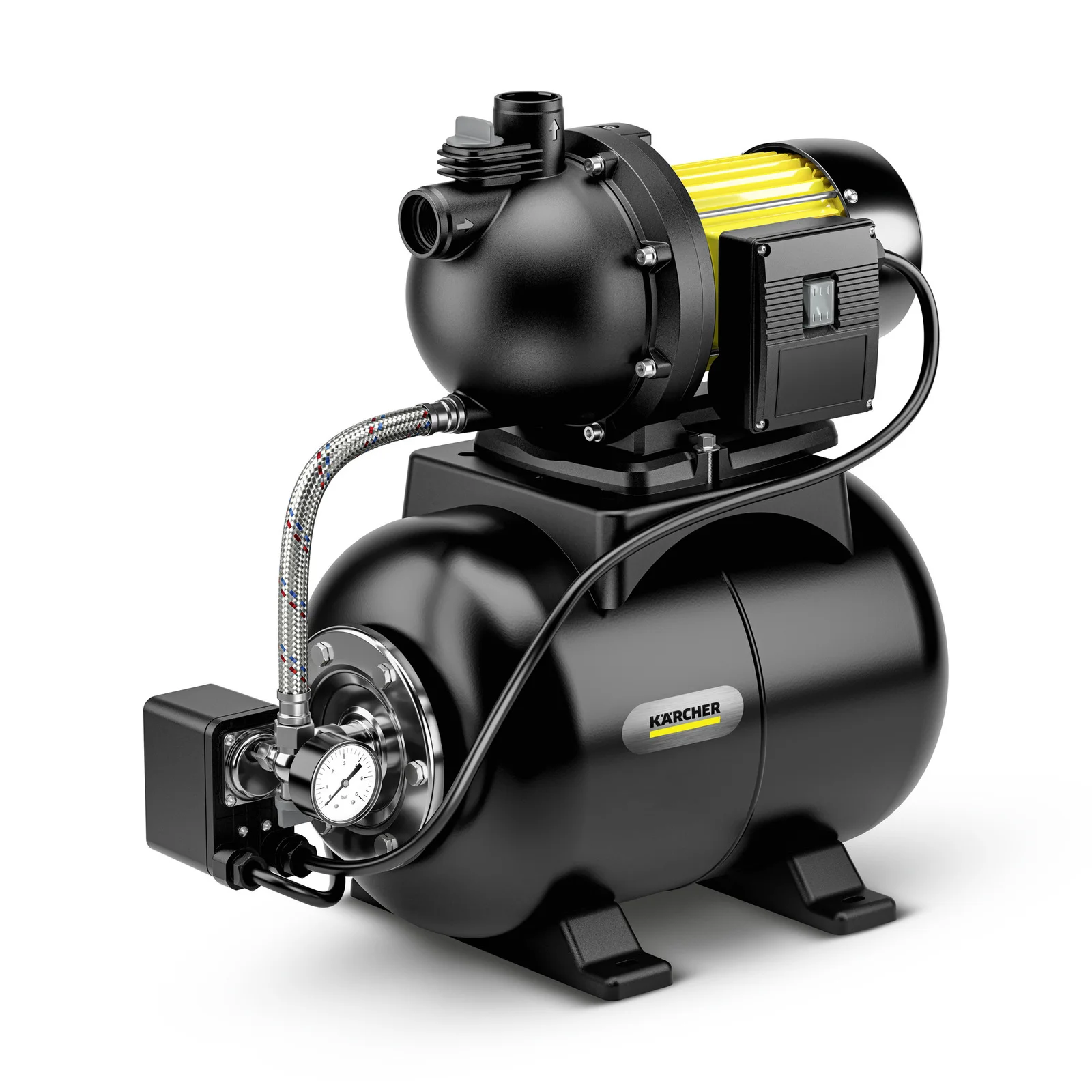 Kärcher Hauswasserwerk, schwarz mit gelbem Motor, Druckanzeige und Anschlüssen, auf einem schwarzen Tank montiert.