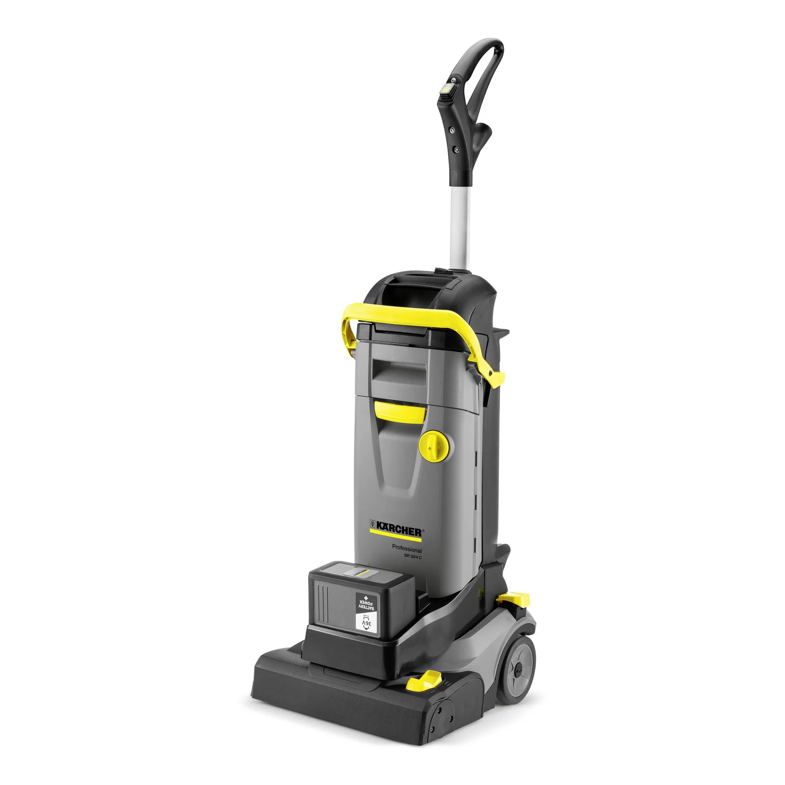 Kärcher Bodenreinigungsmaschine mit gelben Akzenten, aufrecht stehend, graues Gehäuse, schwarzer Griff.