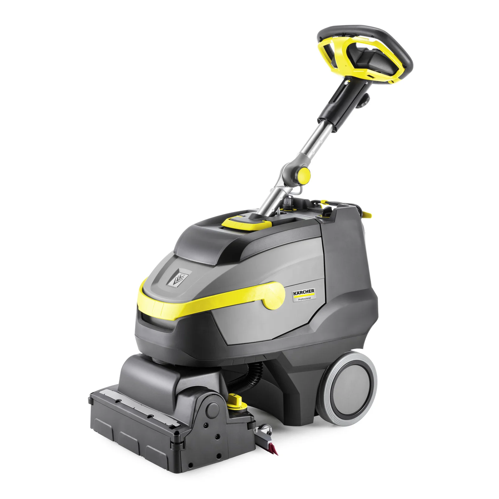 Kärcher Bodenreinigungsmaschine mit gelben Akzenten und ergonomischem Griff auf weißem Hintergrund.