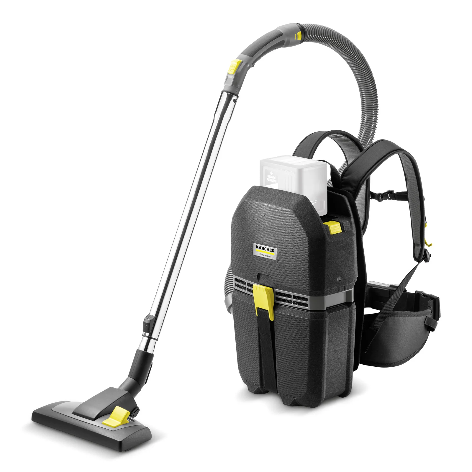 Kärcher Rucksack-Staubsauger mit Saugrohr und Bürste, schwarz-gelb, auf weißem Hintergrund.