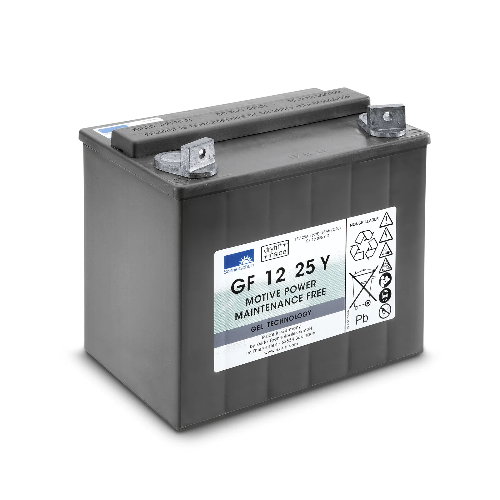 Graue Sonnenschein GF 12 25 Y Gel-Batterie mit Etikett und Symbolen, wartungsfrei, rechteckige Form.