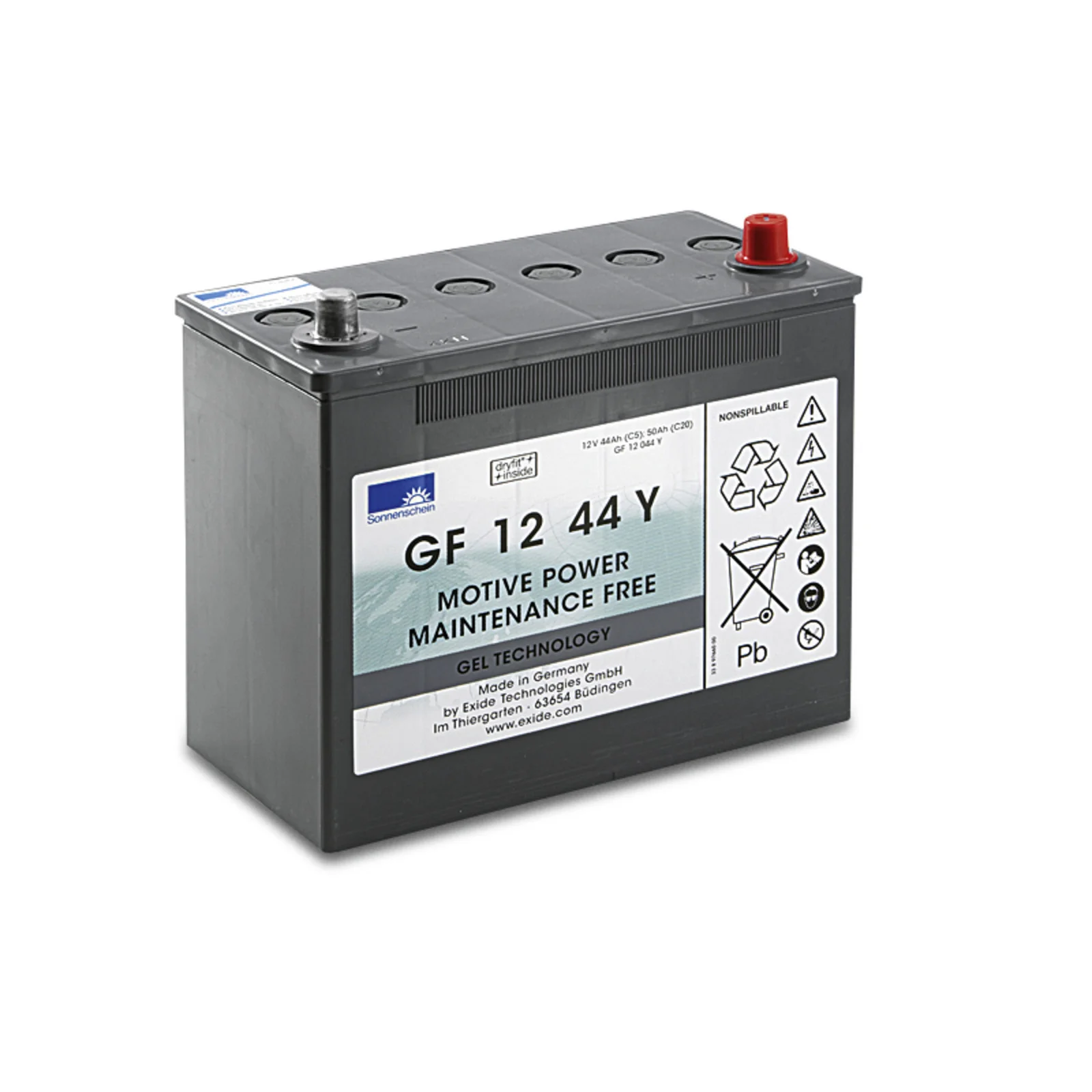 Schwarze Sonnenschein GF 12 44 Y Gel-Batterie mit Etikett, 12V, wartungsfrei, Recycling-Symbole, roter und schwarzer Anschluss oben.