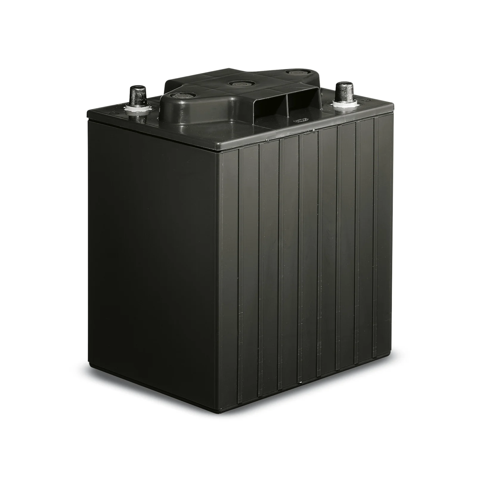 Schwarze, rechteckige Batterie mit zwei Anschlüssen oben, vertikale Rillen an den Seiten.