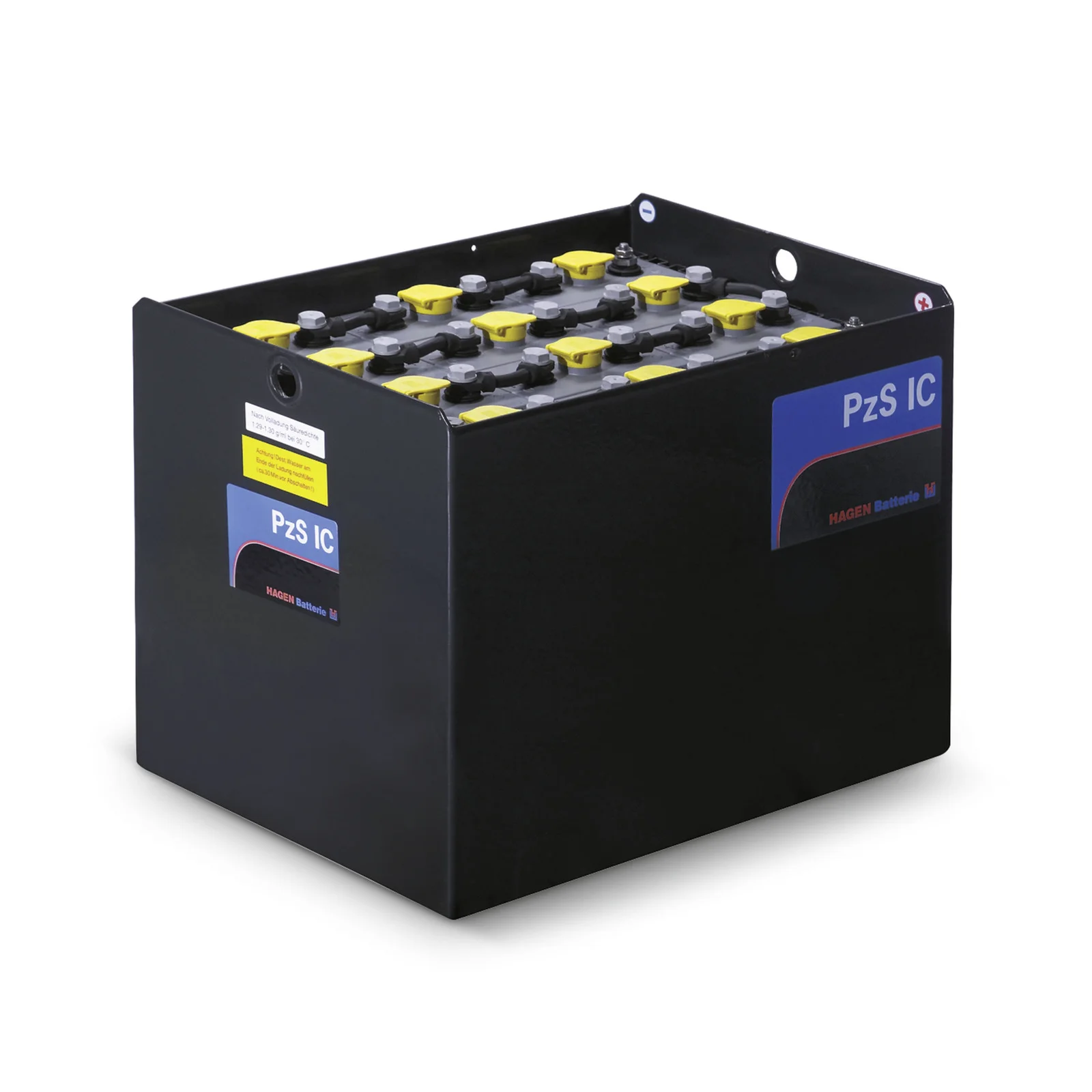 Schwarze Batterie mit gelben und grauen Anschlüssen, beschriftet mit "PzS IC" und "HAGEN Batterie".