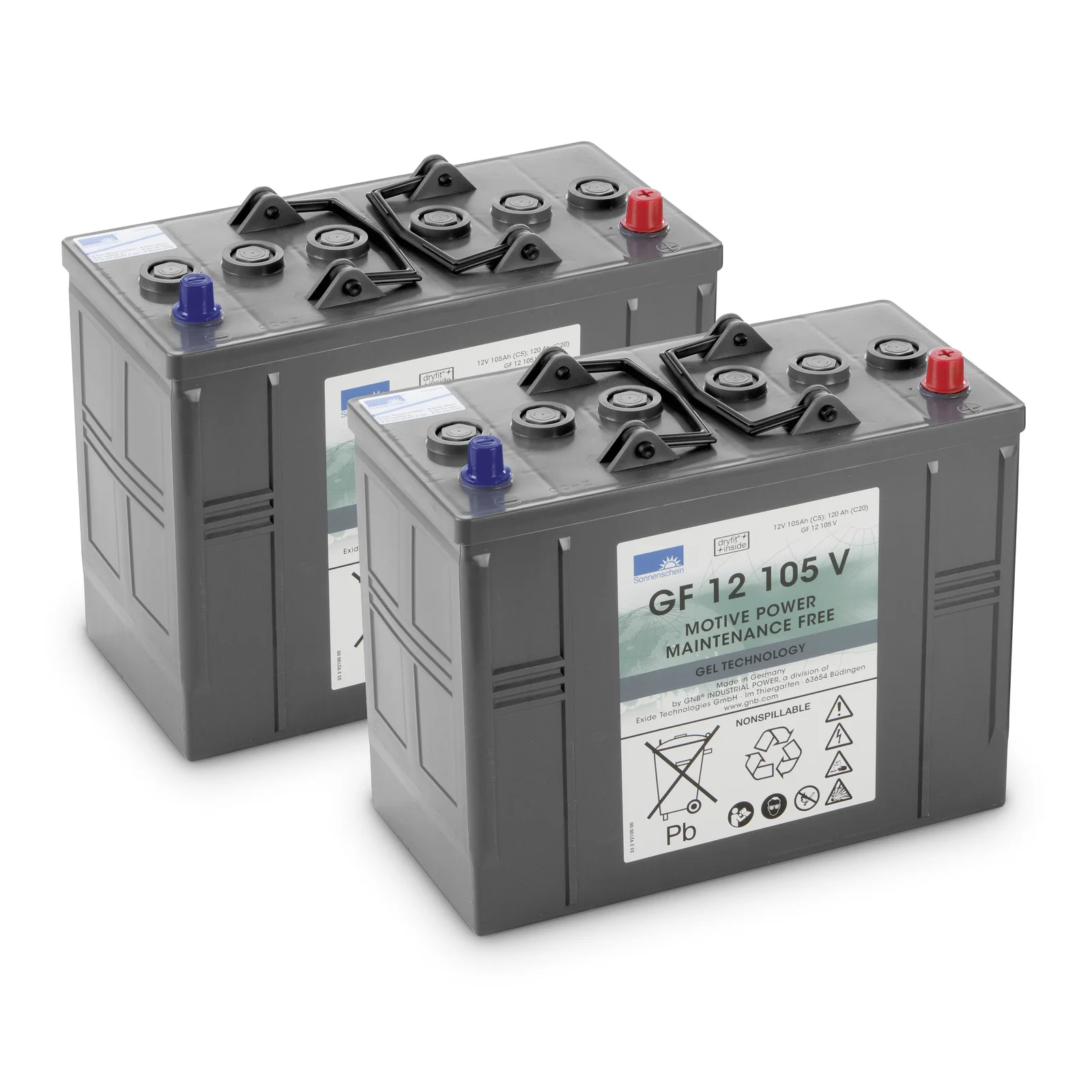 Zwei graue Batterien mit roten und blauen Anschlüssen, Aufschrift "GF 12 105 V", wartungsfrei, Gel-Technologie.