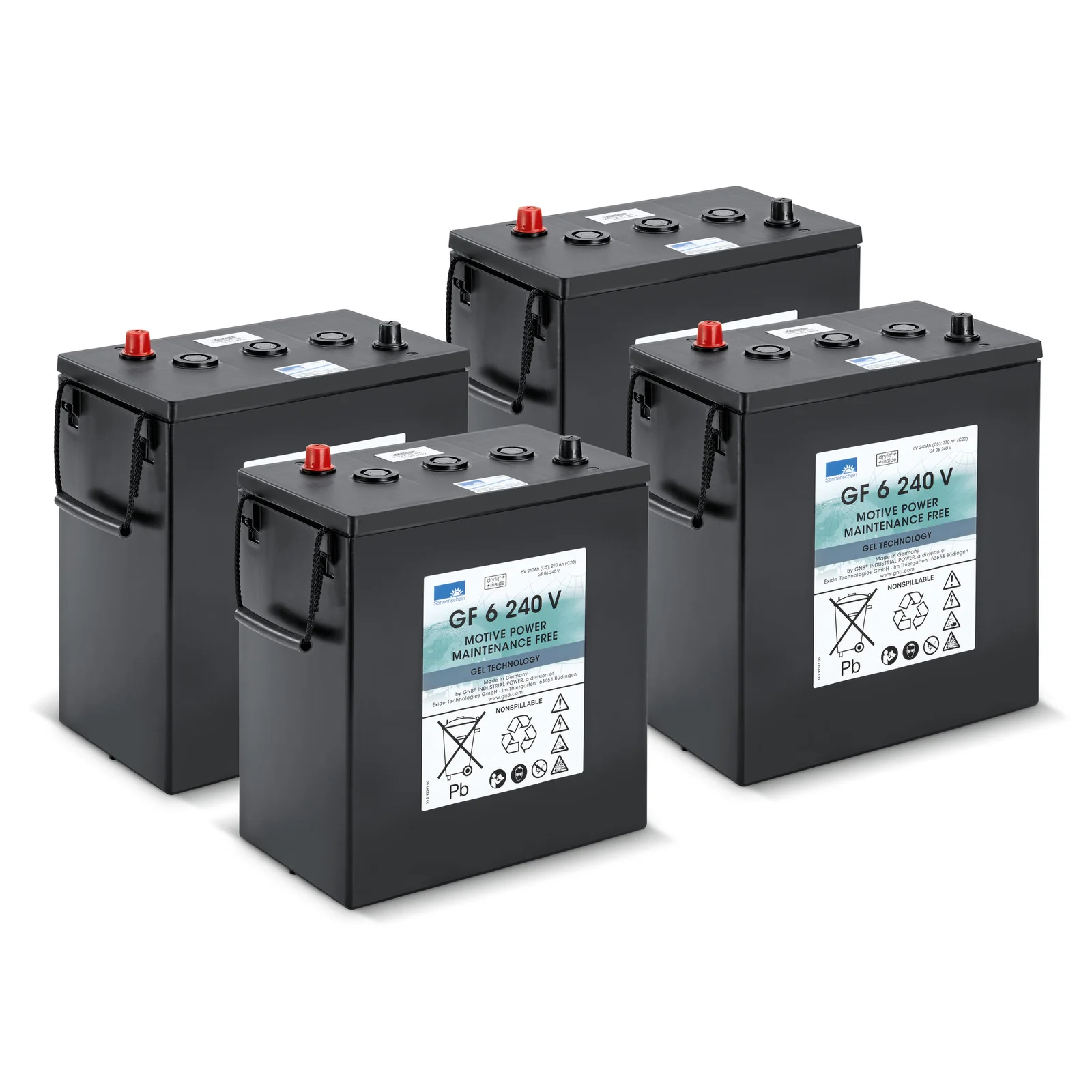 Vier schwarze Batterien mit Etikett "GF 6 240 V", rote und schwarze Anschlüsse, auf weißem Hintergrund.