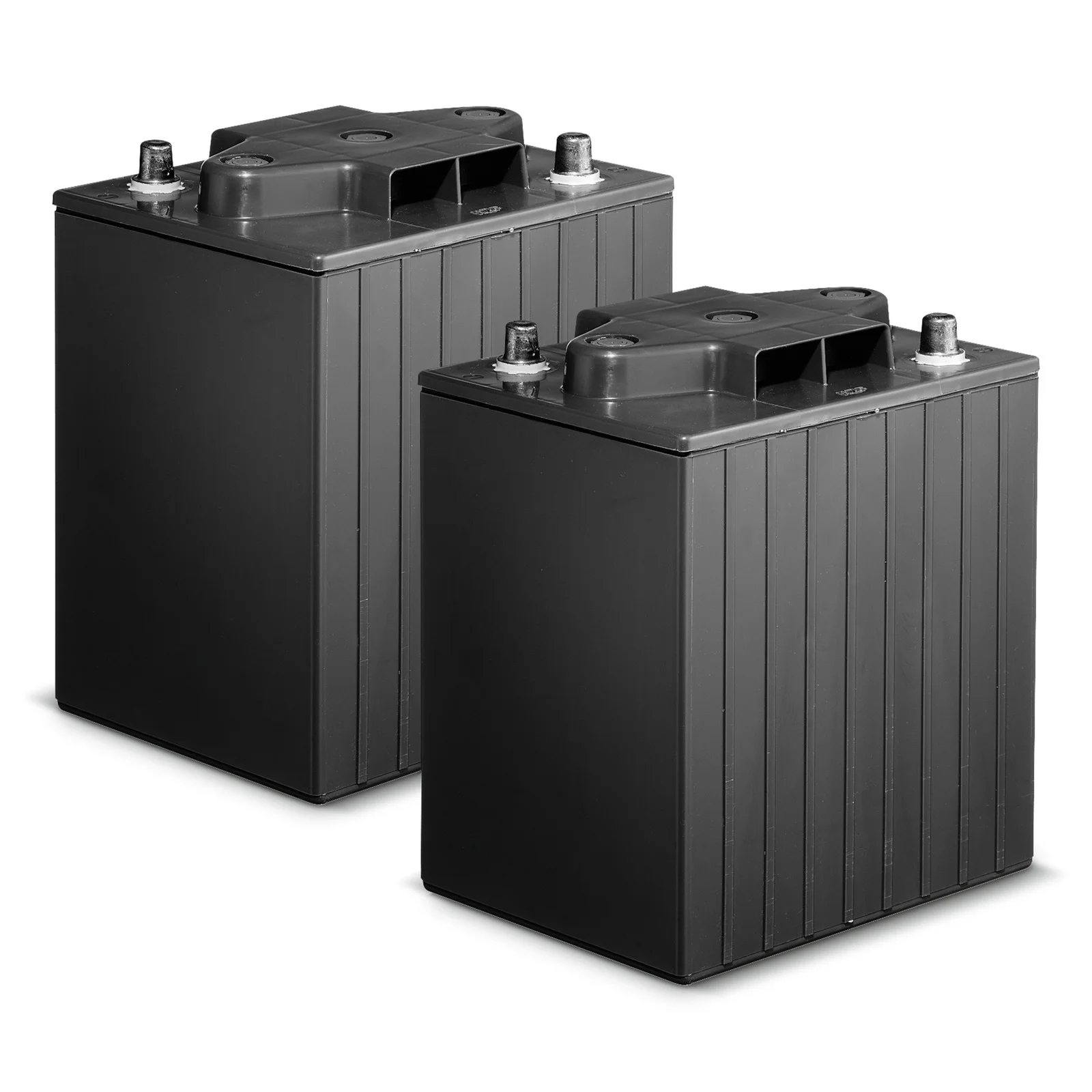 Zwei schwarze Batterien mit rechteckiger Form und Anschlüssen oben, nebeneinander stehend.
