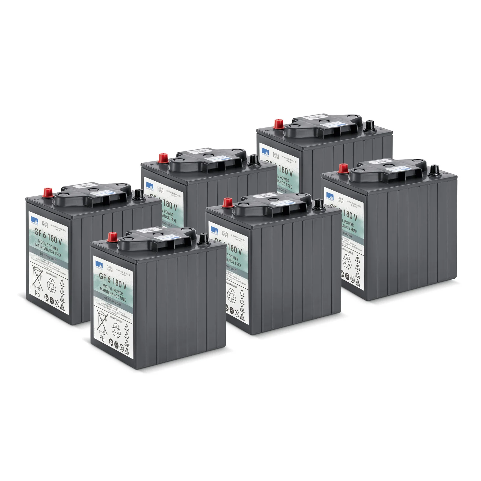 Sechs graue Batterien mit schwarzem Deckel und roten Anschlüssen, nebeneinander auf weißem Hintergrund.