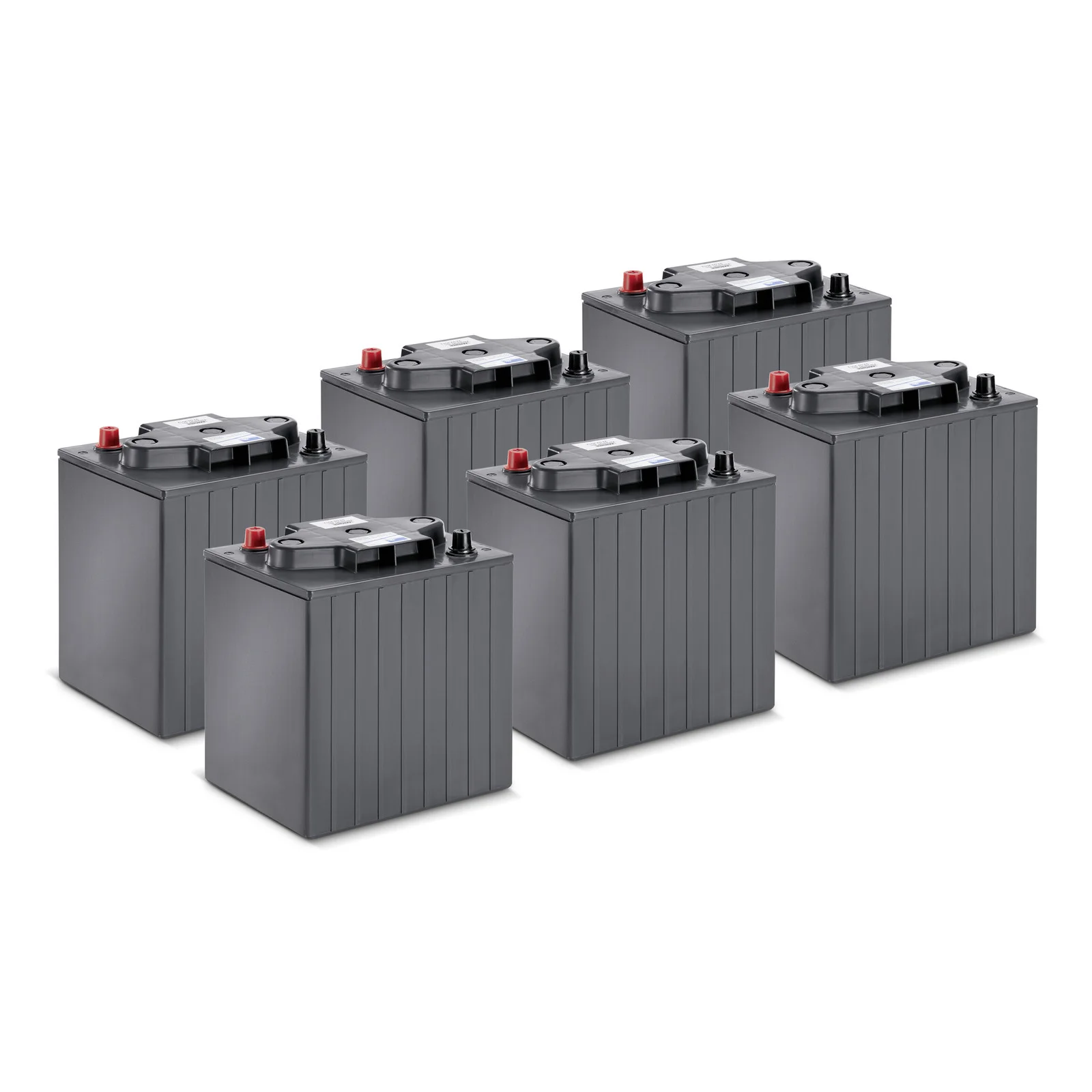 Sechs graue Batterien mit roten und schwarzen Anschlüssen, in zwei Reihen angeordnet.