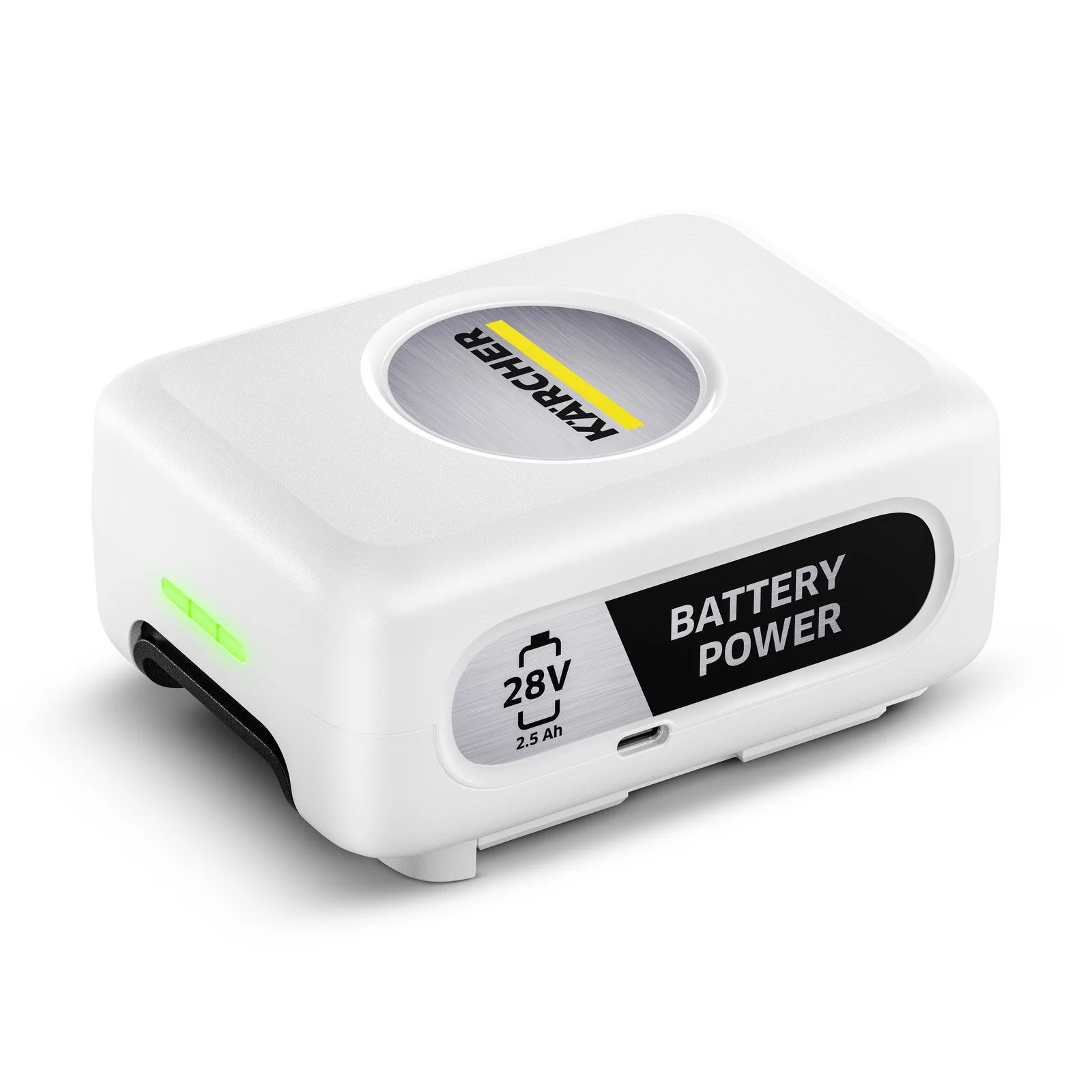 Kärcher Akku, weiß, mit 28V und 2,5 Ah Kapazität, grüner Ladeindikator, "Battery Power" Aufschrift.