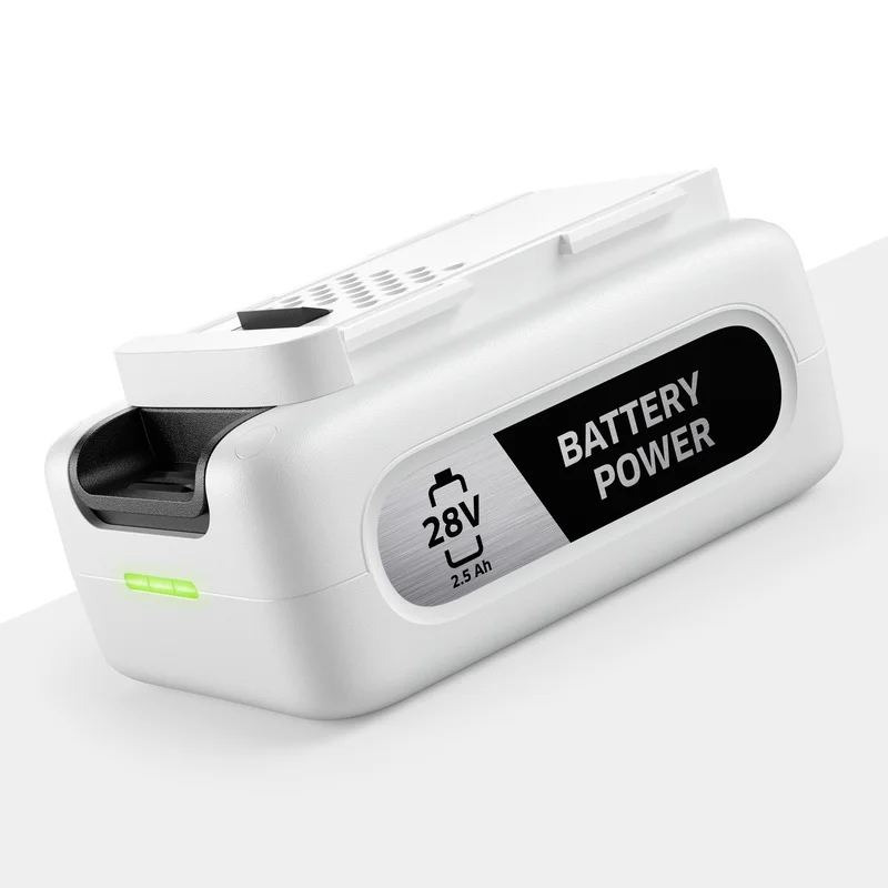 Weiße 28V Batterie mit schwarzem Etikett und grüner LED-Anzeige auf weißem Hintergrund.