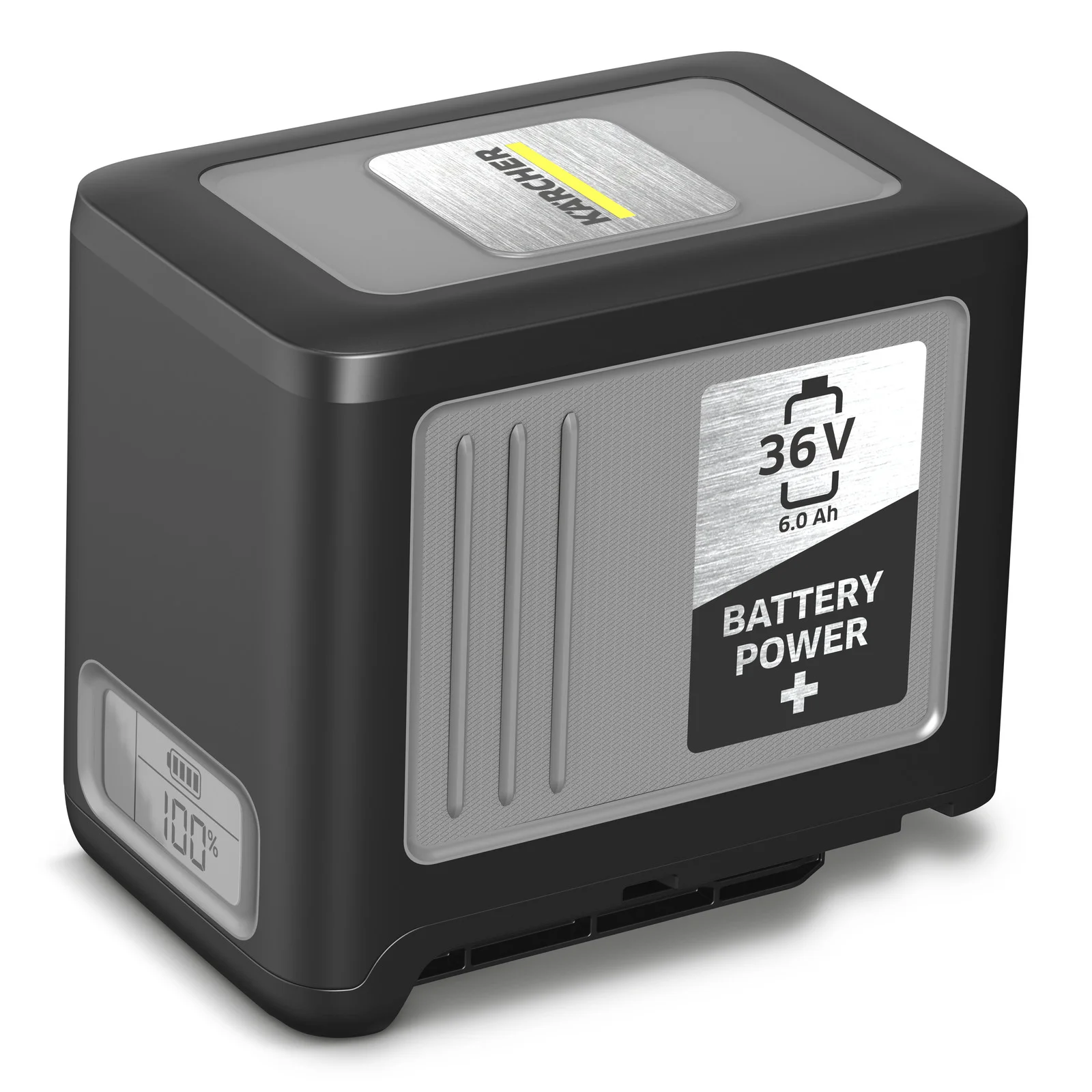 Kärcher 36V Akku mit 6.0 Ah Kapazität, schwarzes Gehäuse, Batteriestatusanzeige bei 100%.