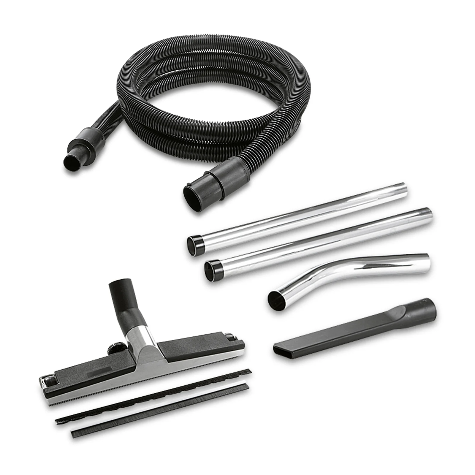 Kärcher Zubehörset mit Schlauch, Metallrohren, Bodendüse und Fugendüse auf weißem Hintergrund.