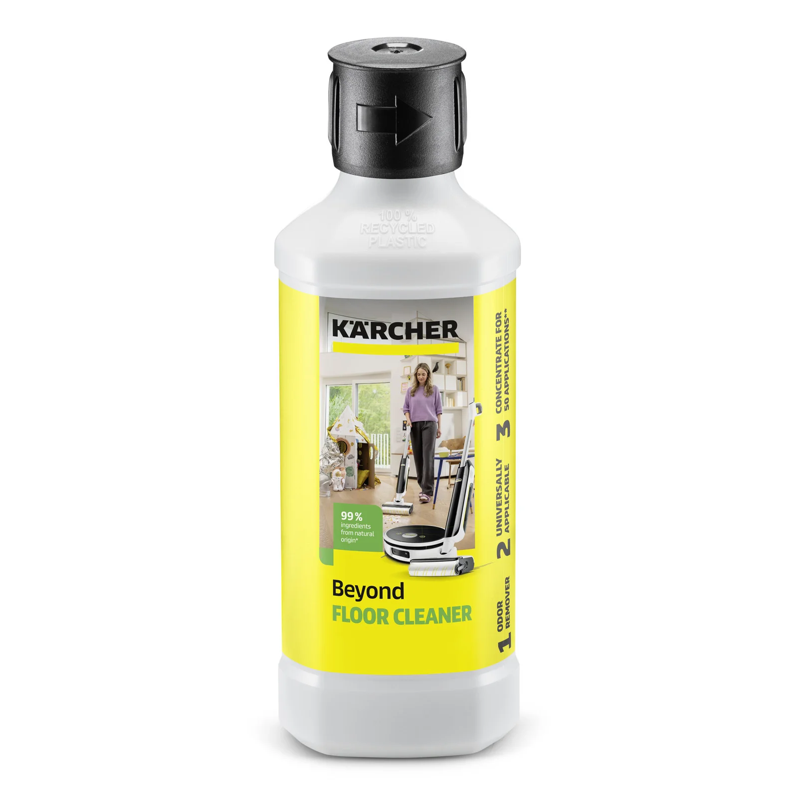 Flasche eines Kärcher Bodenreinigers mit gelbem Etikett, freigestellt vor weißem Hintergrund.