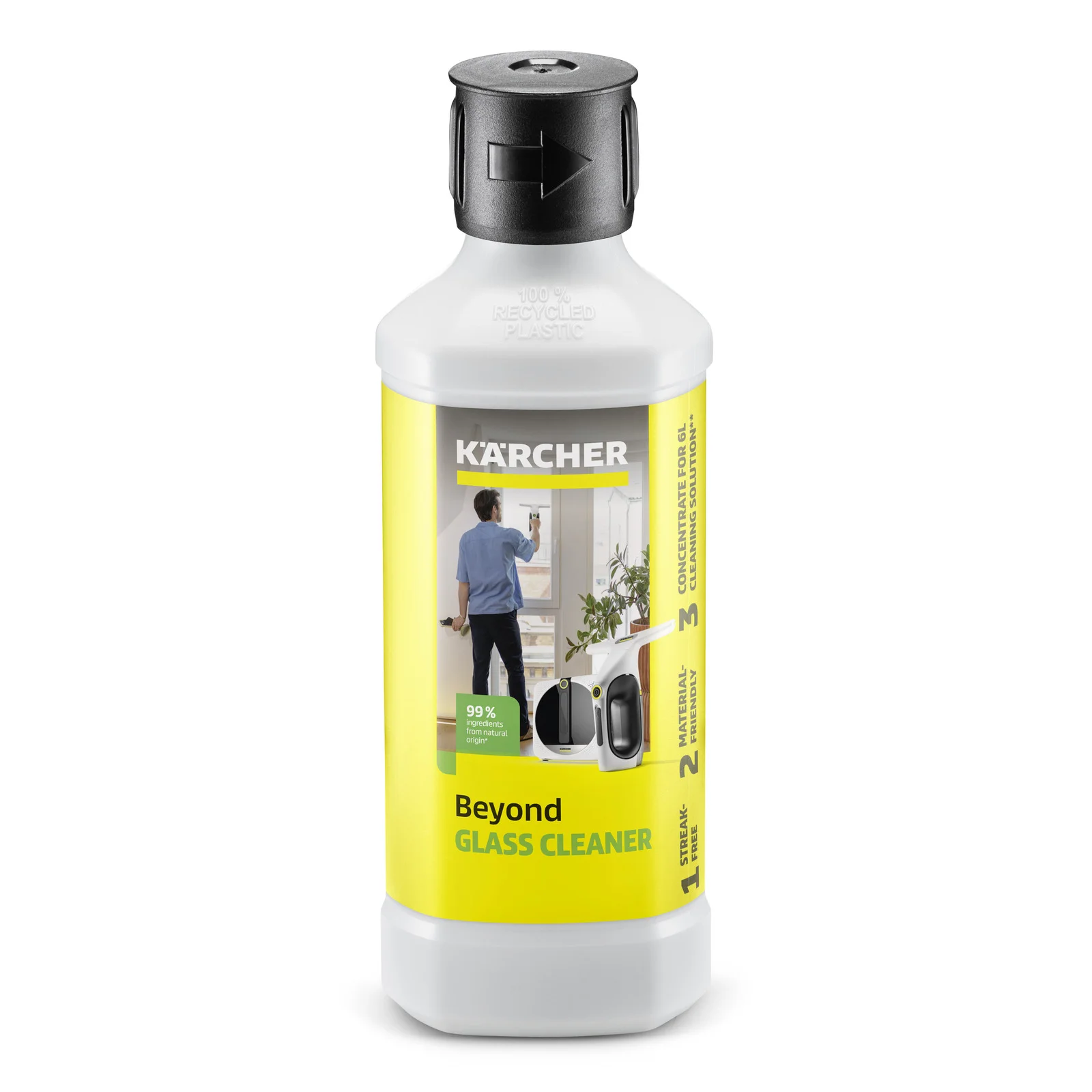 Aufrecht stehende Kärcher-Glasreiniger-Flasche "Beyond Glass Cleaner" vor weißem Hintergrund, Etikett mit Foto und gelbem Design