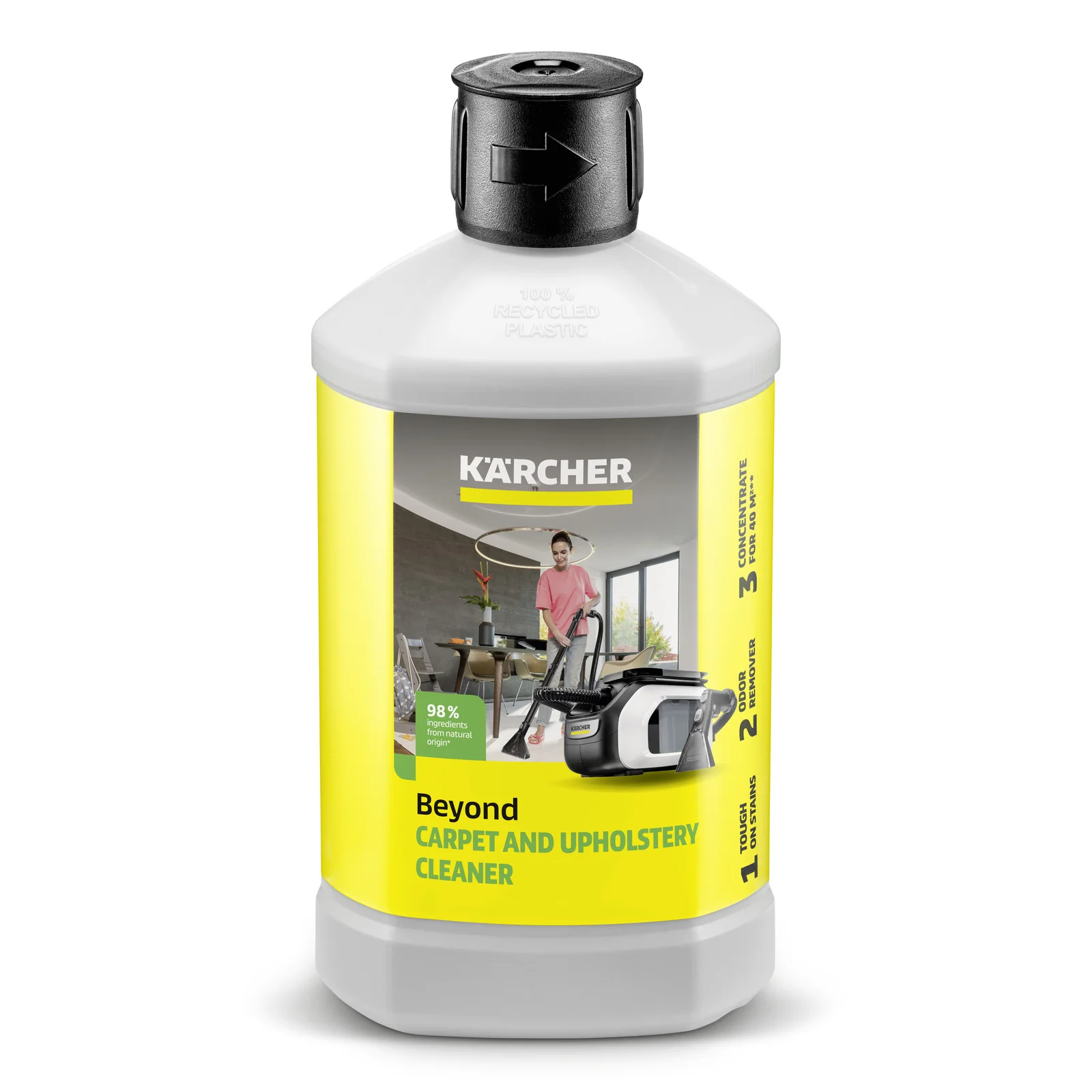 Flasche mit Kärcher Teppich- und Polsterreiniger "Beyond", gelbes Etikett, Kunststoffflasche vor weißem Hintergrund