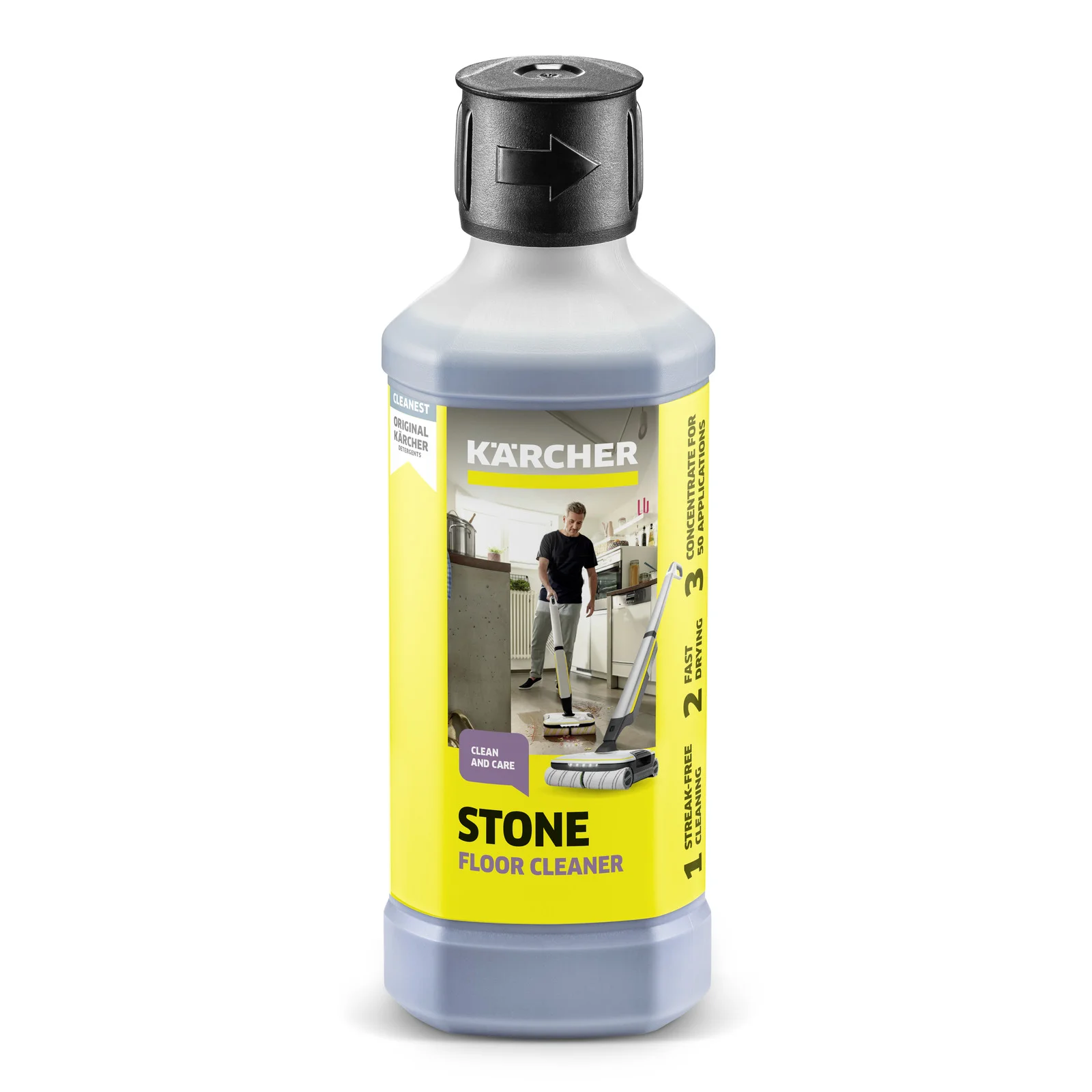 Kärcher Steinbodenreiniger-Flasche mit Etikett, das eine Person beim Reinigen eines Küchenbodens zeigt.