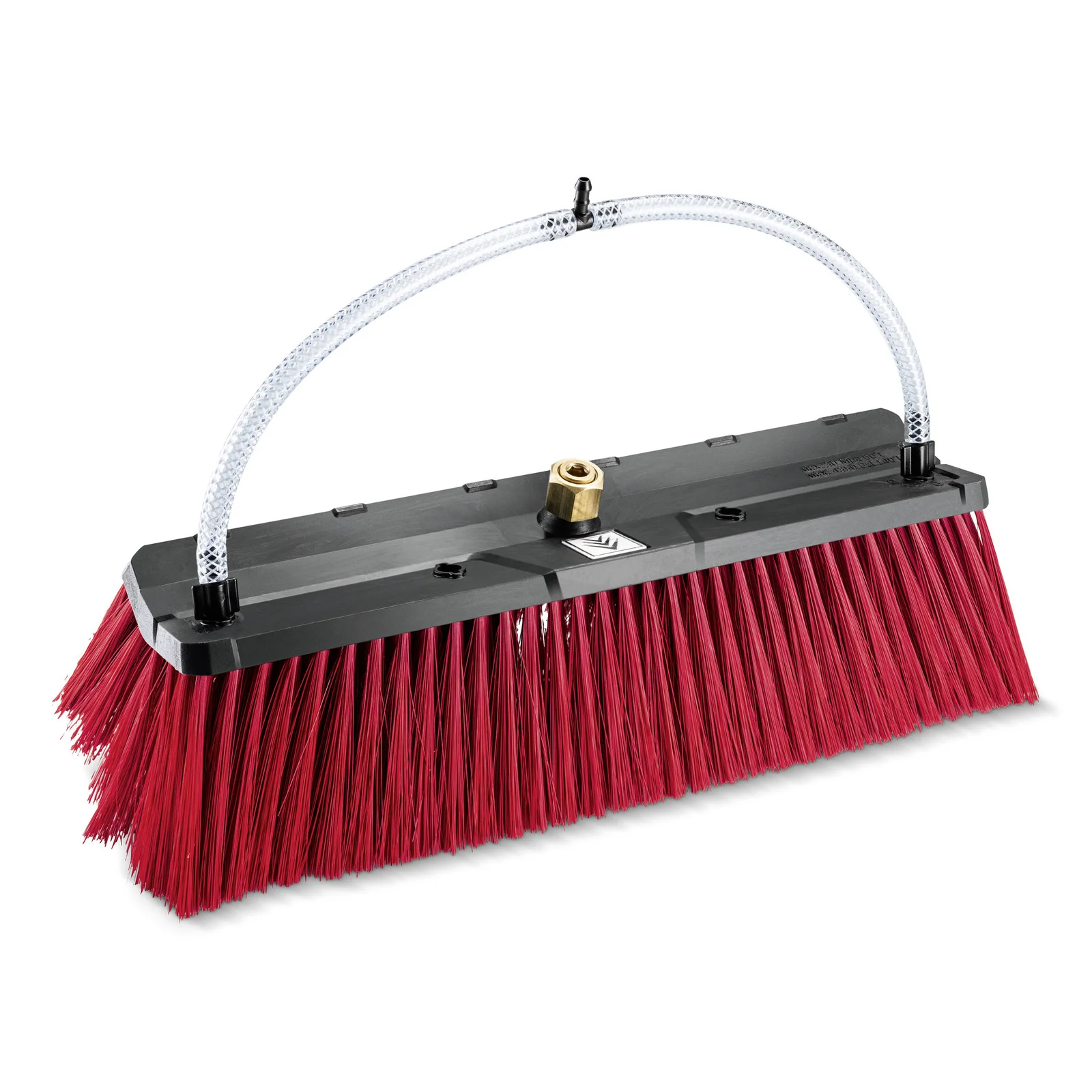 Roter Bürstenkopf mit schwarzen Halterungen und Wasseranschluss, geeignet für Kärcher Hochdruckreiniger.