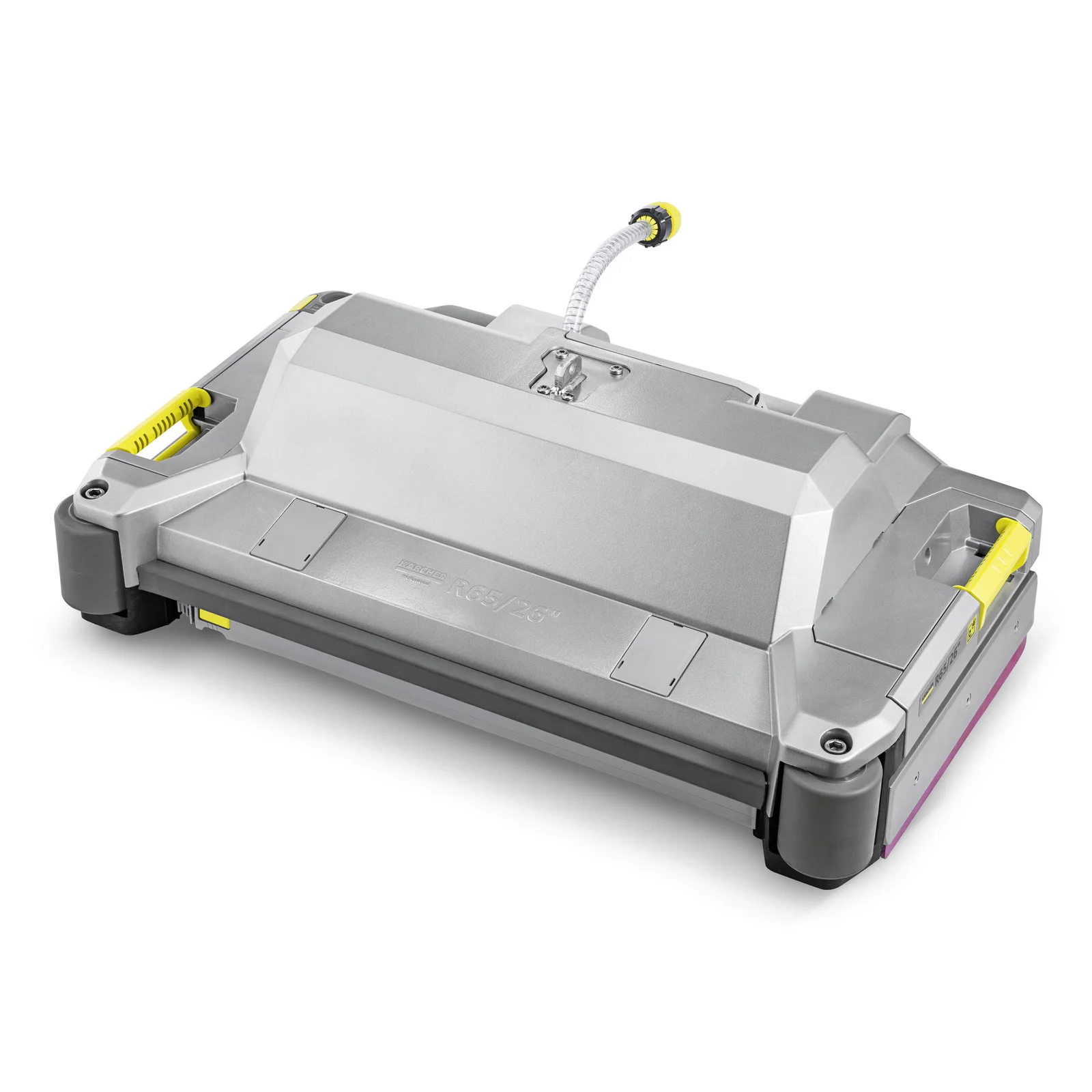 Kärcher Reinigungsroboter R65, silberfarben, mit gelben Akzenten und Kabelanschluss oben.