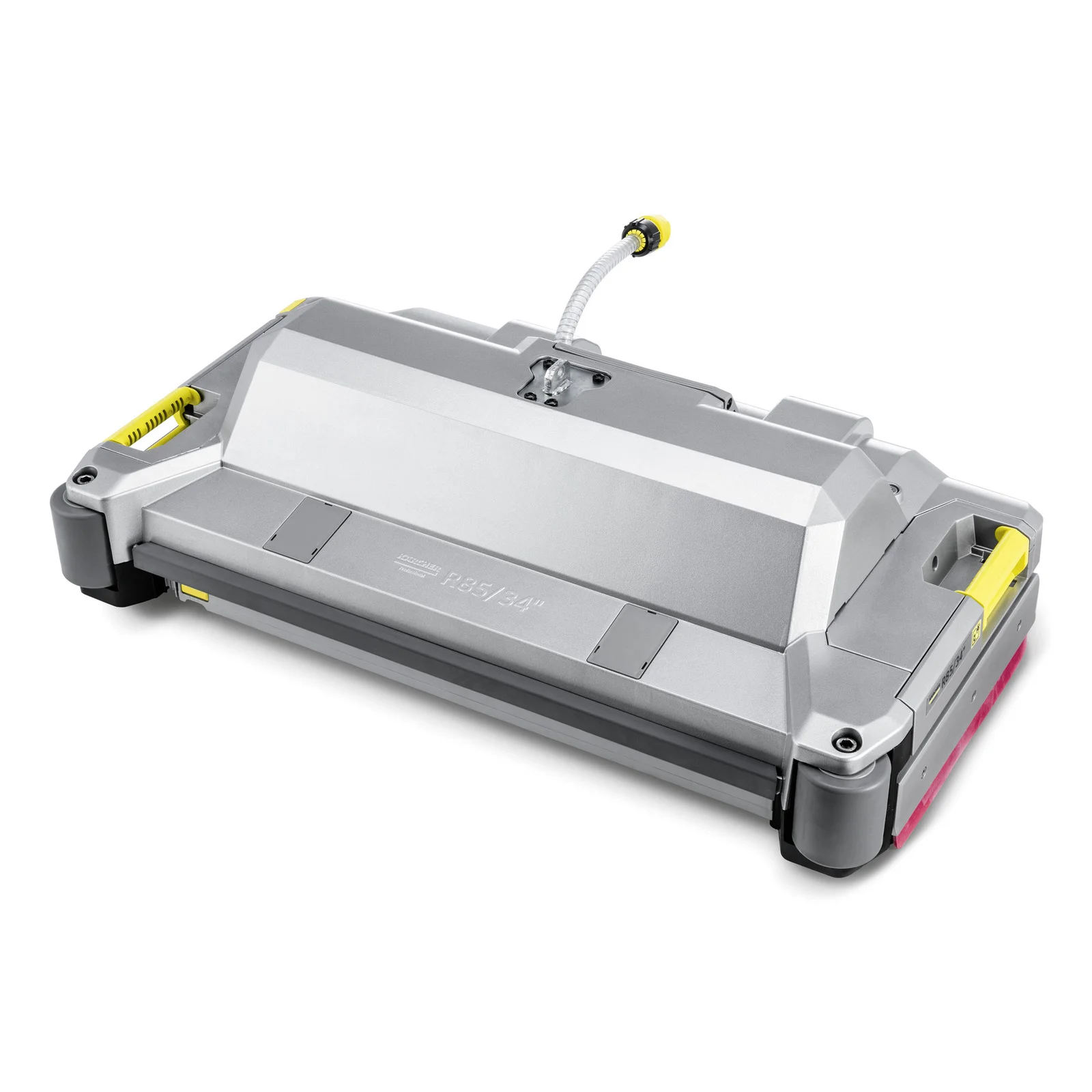 Kärcher Bodenreinigungsmaschine R 85/34, silberfarben, mit gelben und roten Akzenten, auf weißem Hintergrund.