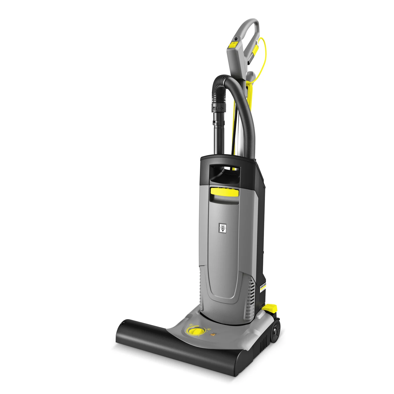 Kärcher Staubsauger mit grauem Gehäuse, gelben Akzenten und einem ergonomischen Griff.