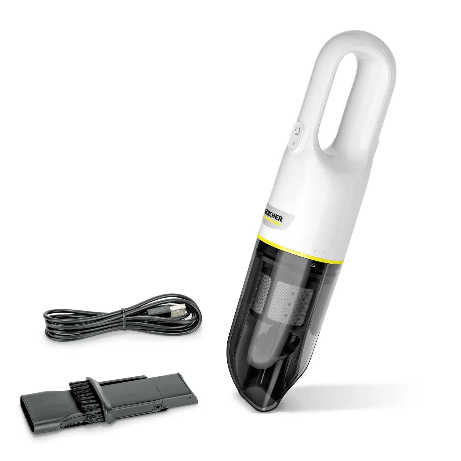 Kärcher Handstaubsauger mit Zubehör: USB-Kabel und Bürstenaufsatz auf weißem Hintergrund.