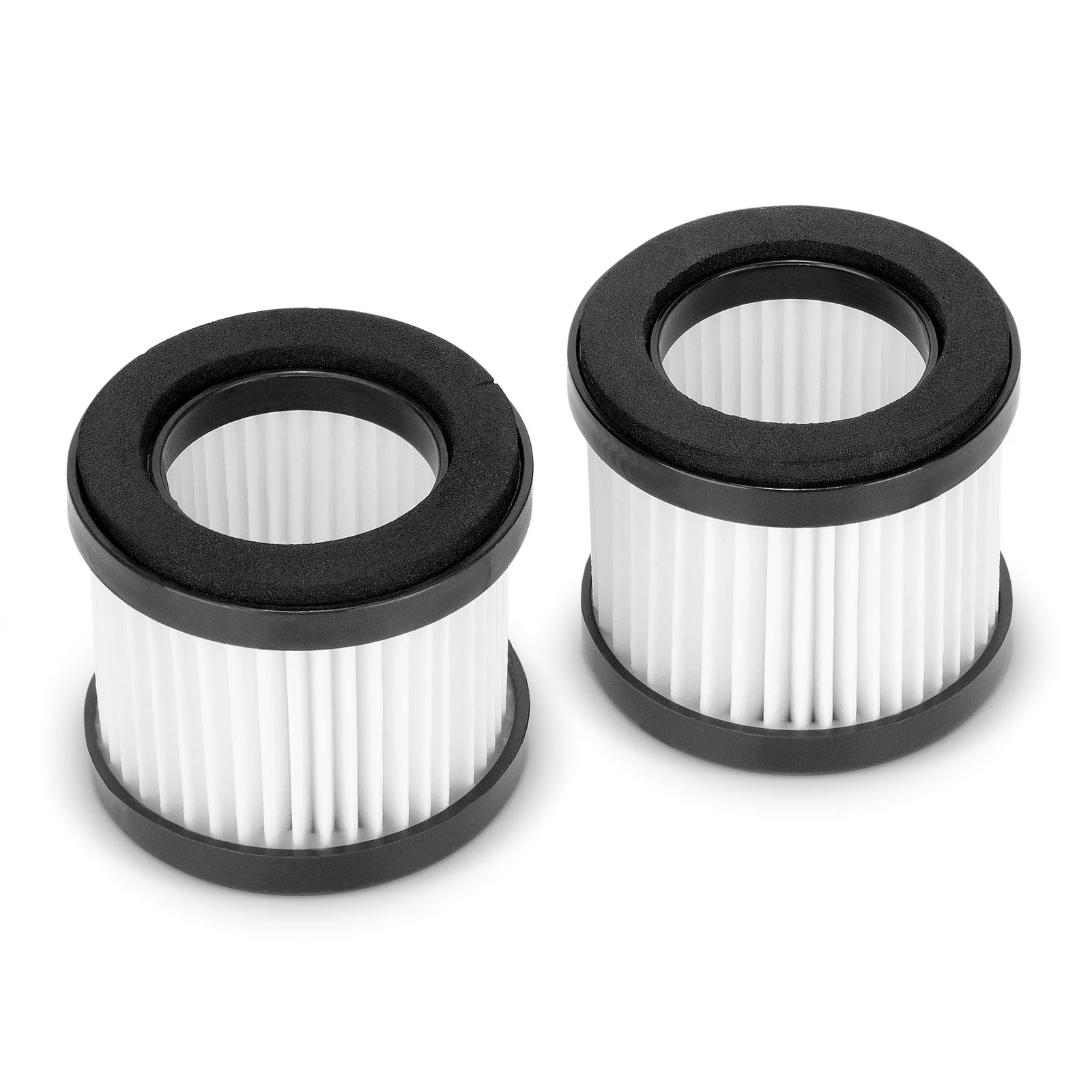 Zwei zylindrische Filter mit schwarzem Rand und weißen Falten, nebeneinander auf weißem Hintergrund.