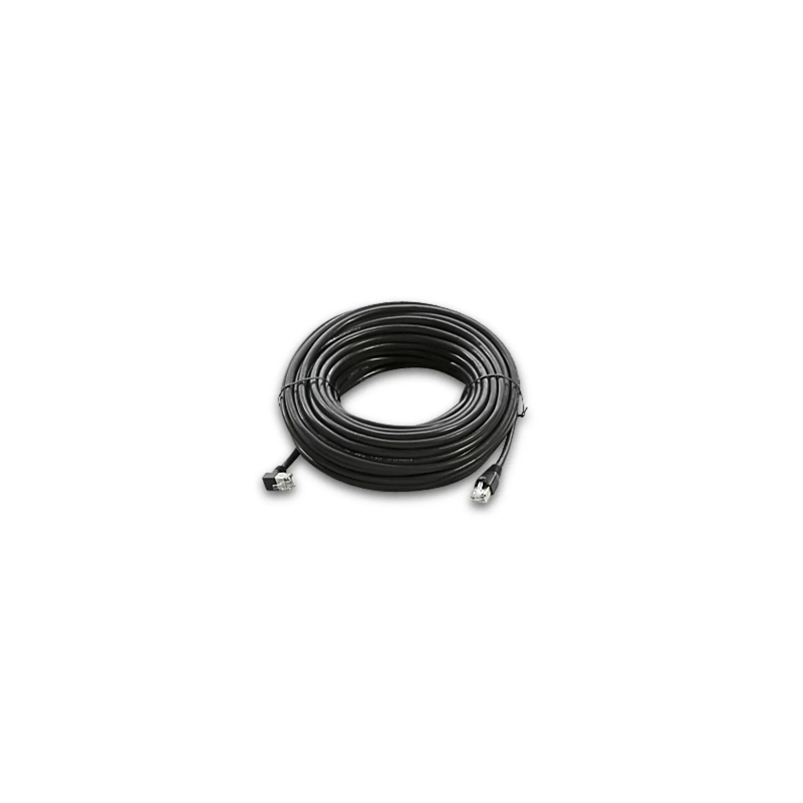 Schwarzes, aufgerolltes Kabel mit zwei Steckern an den Enden, auf weißem Hintergrund.
