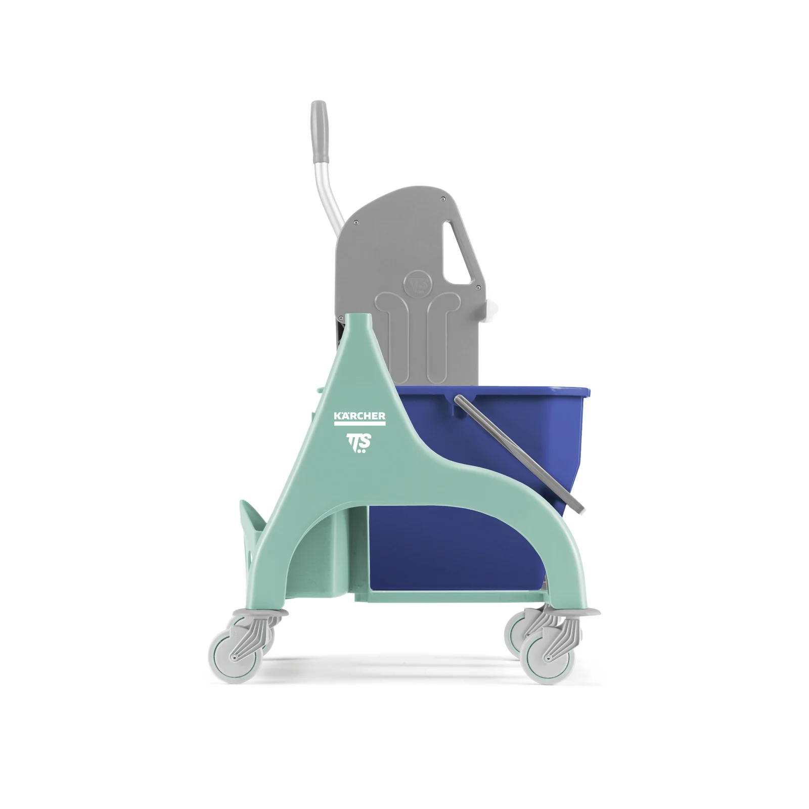 Kärcher Reinigungswagen mit blauem Eimer und grauem Griff auf Rollen, seitliche Ansicht.
