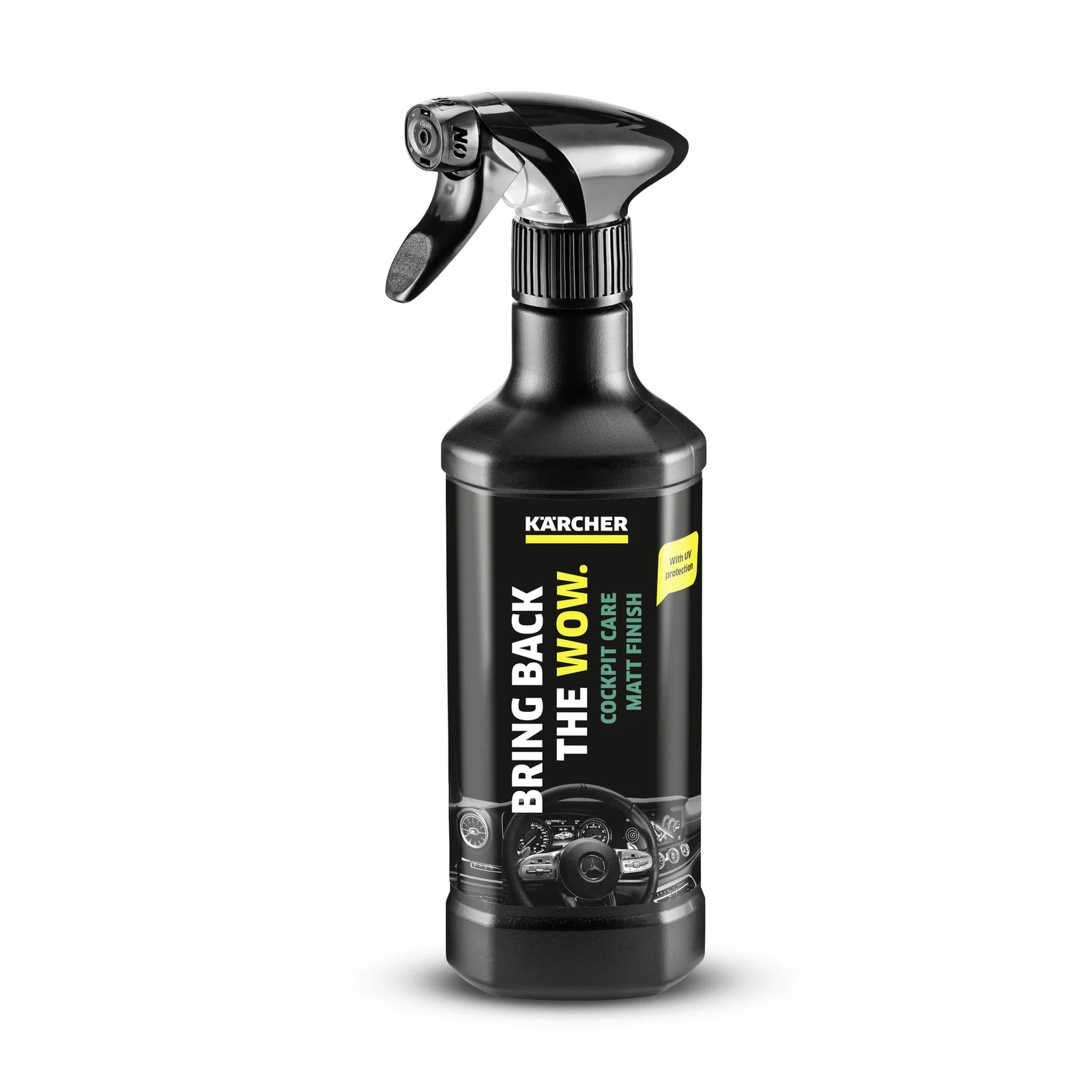 Kärcher Cockpitpflege-Spray mit mattem Finish, schwarze Flasche mit gelbem und weißem Text.