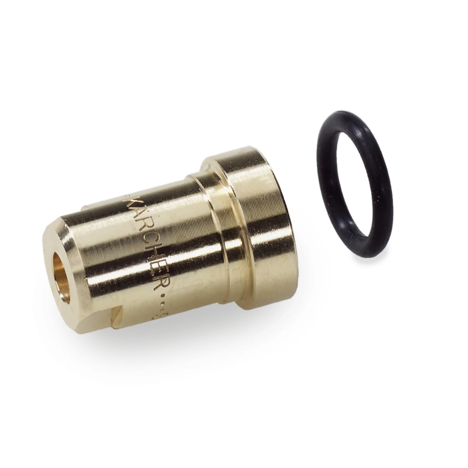 Messingadapter mit Kärcher-Logo und schwarzem O-Ring daneben.