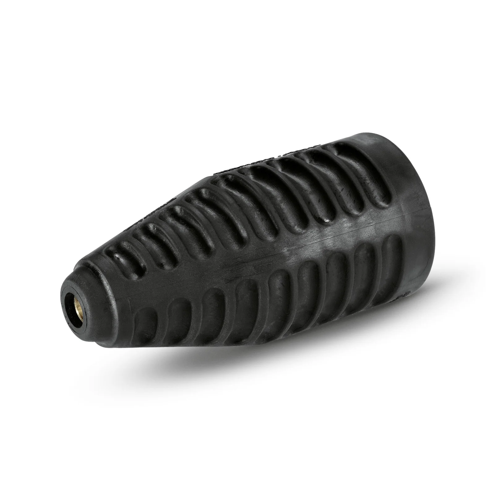 Schwarze Kärcher Hochdruckdüse mit geripptem Design, schräg liegend auf weißem Hintergrund.