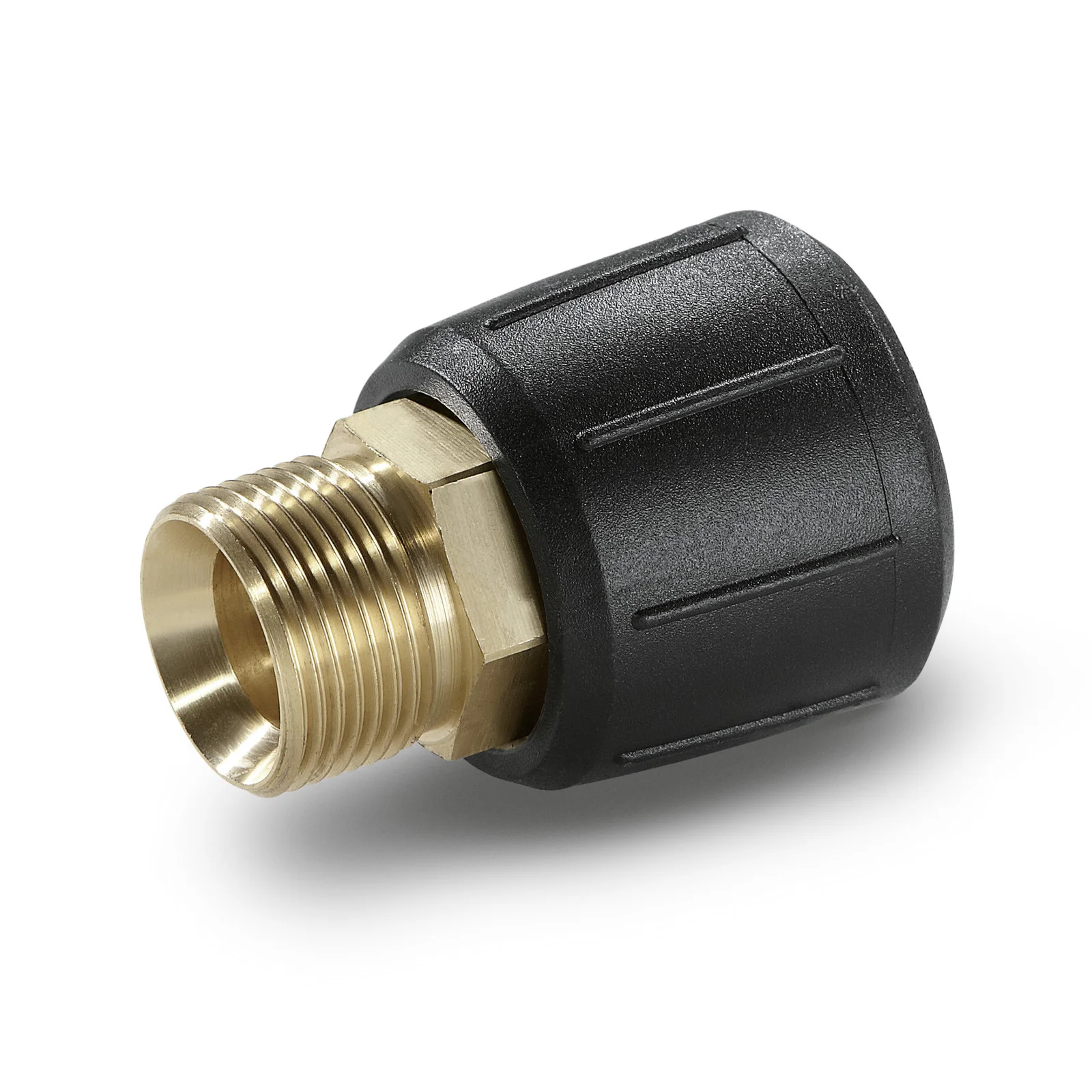 Messingadapter mit schwarzem Kunststoffgehäuse, geeignet für Kärcher Hochdruckreiniger.